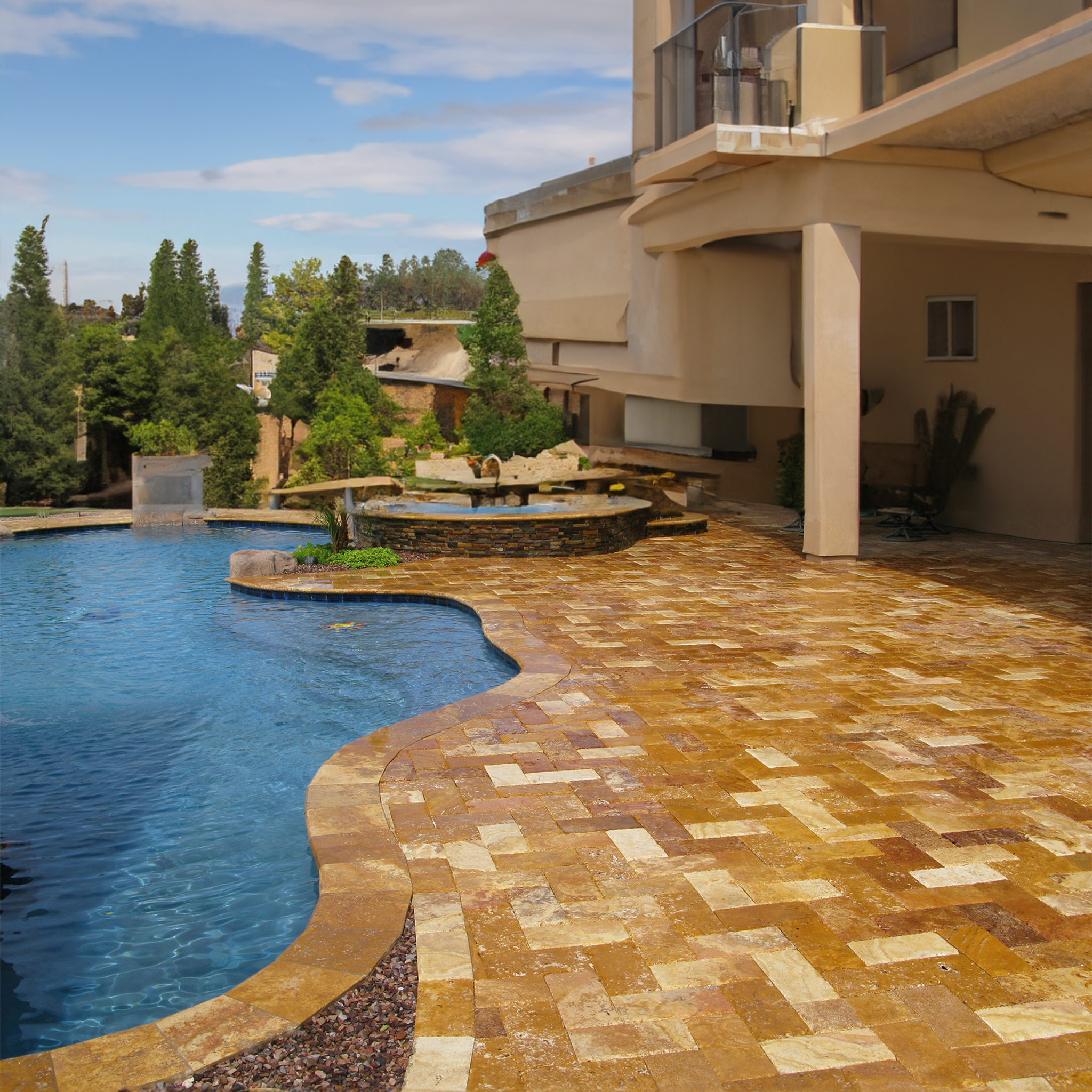 Travertine Walnut Versailles pattern paving set in amber, caramel and earthy brown