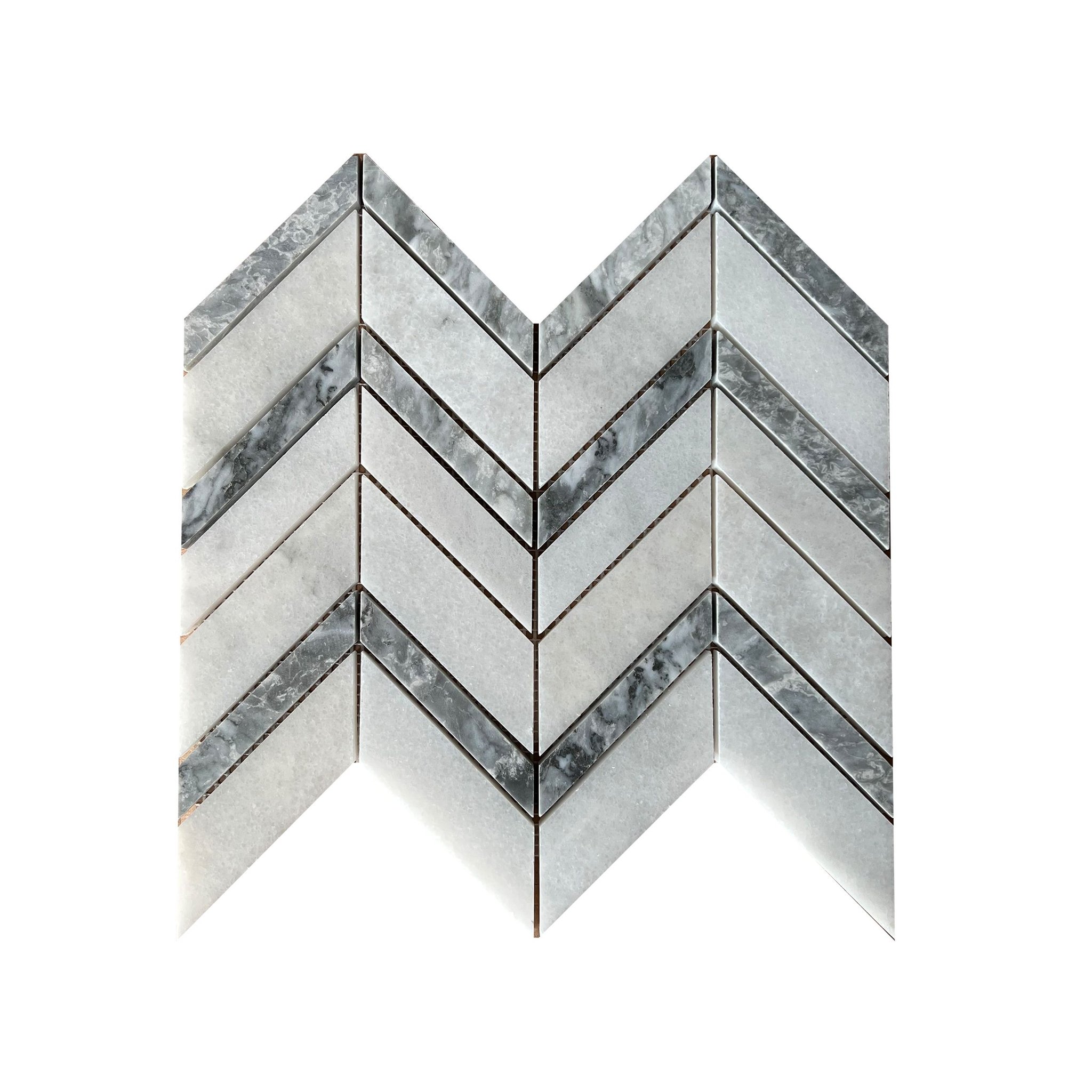 Honed Carrara white and platinum grey marble chevron mosaic tile, white and silver-grey
