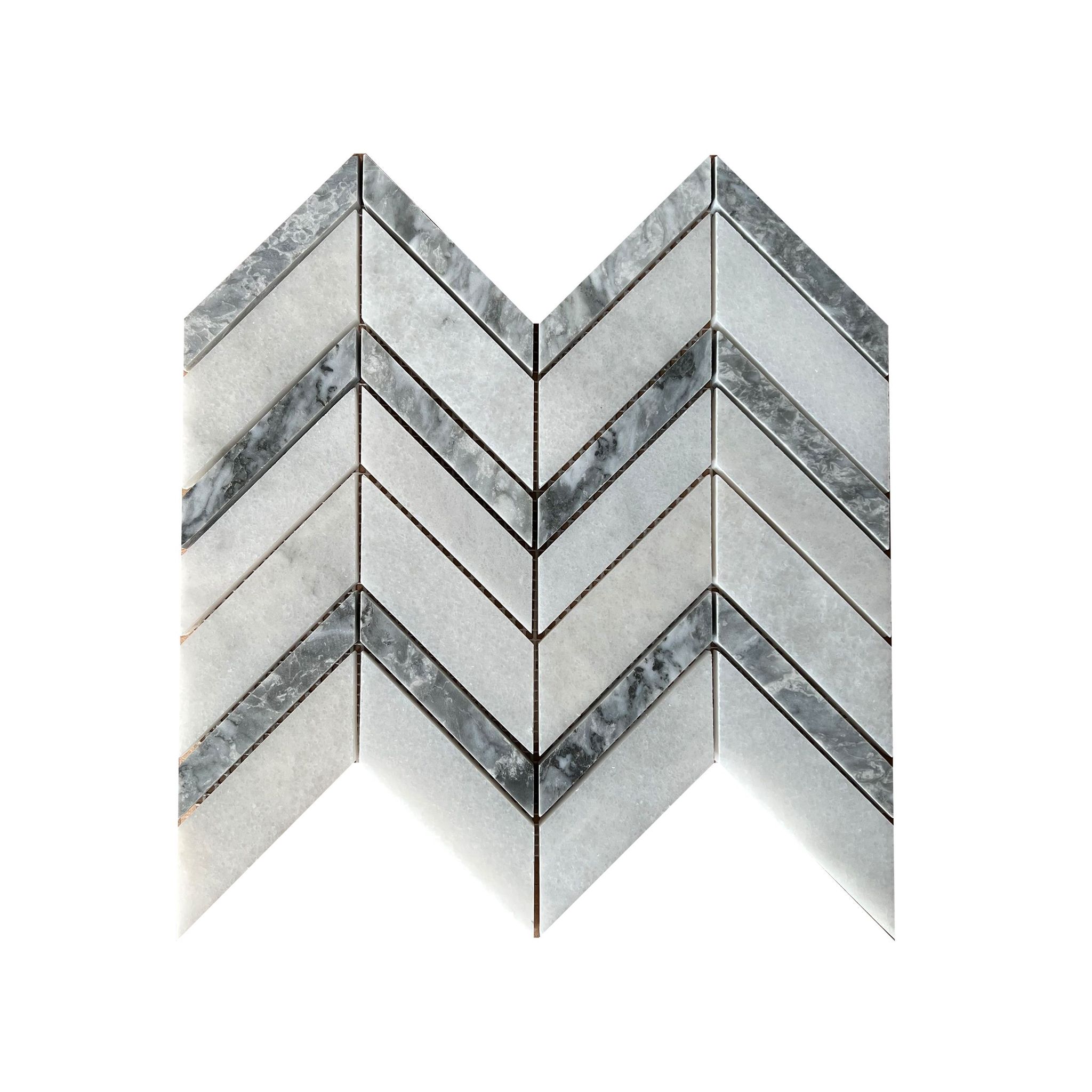 Honed Carrara white and platinum grey marble chevron mosaic tile, white and silver-grey