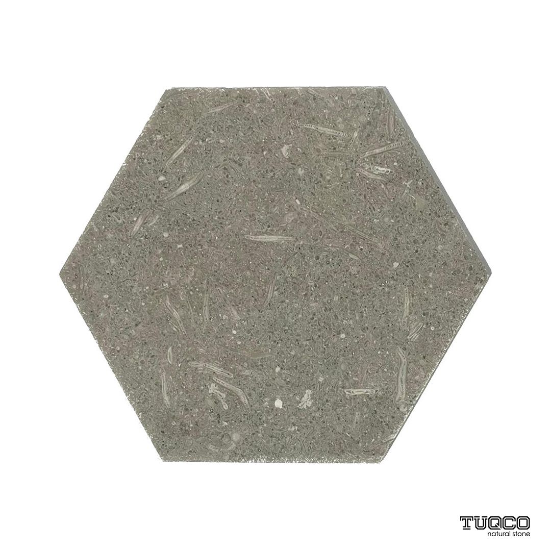 Honed Rustic Green limestone hexagon tile in sage, olive and ash-green with fossils