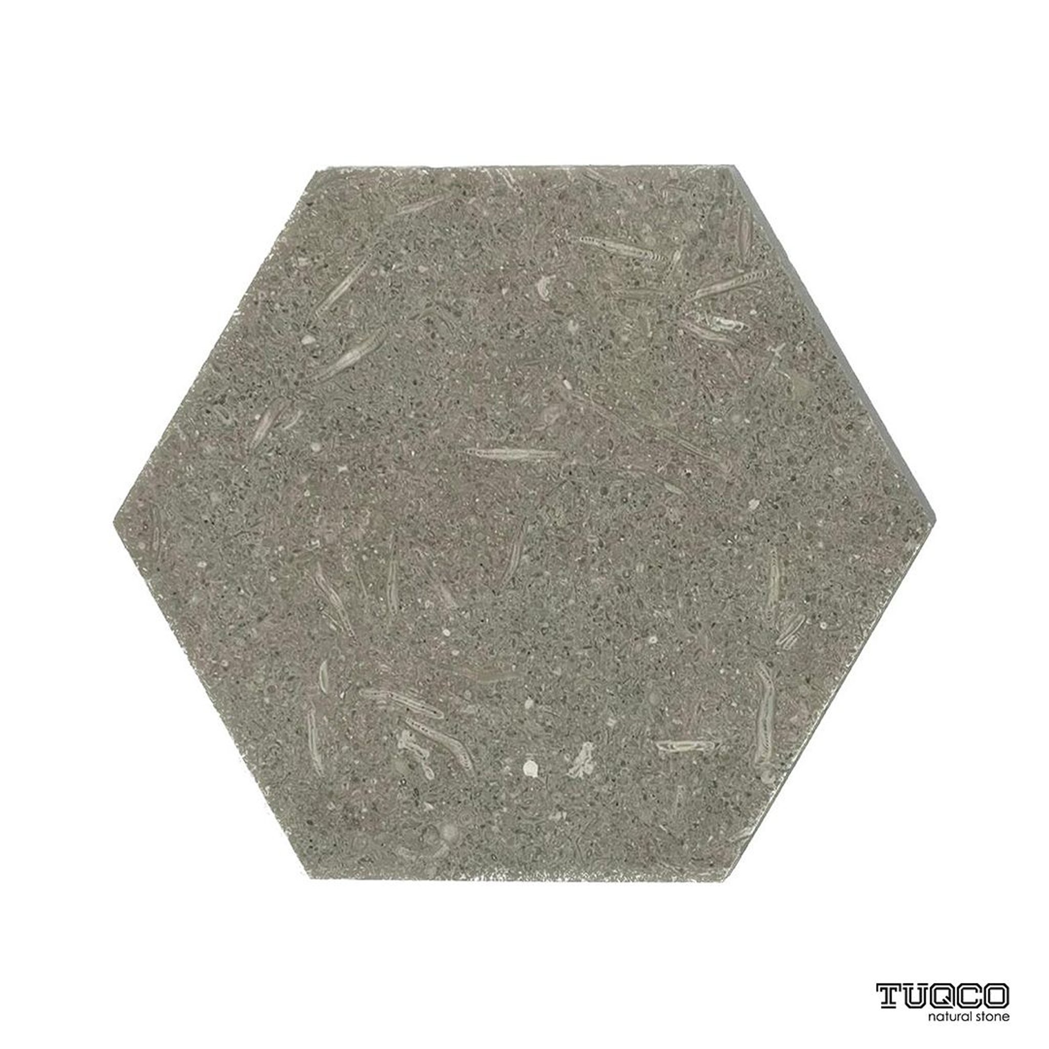 Honed Rustic Green limestone hexagon tile in sage, olive and ash-green with fossils