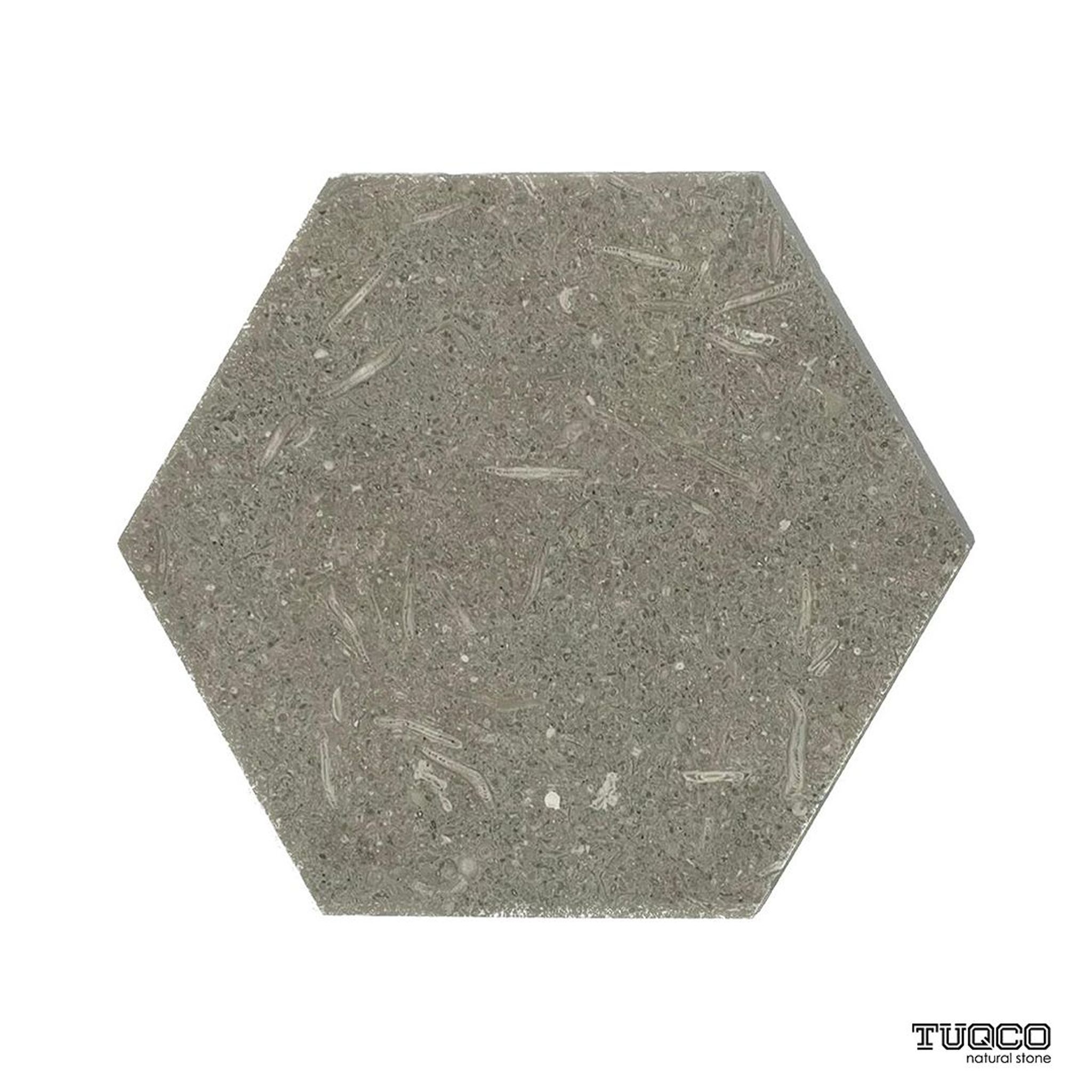 Honed Rustic Green limestone hexagon tile in sage, olive and ash-green with fossils