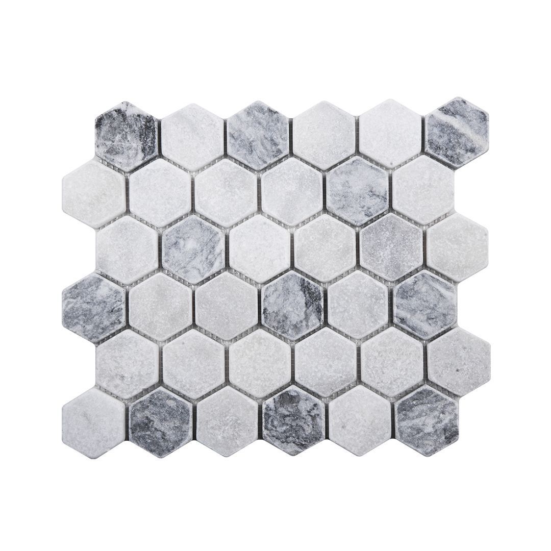 Tumbled Carrara white and platinum grey marble two-inch hexagon mosaic tile with grey accents