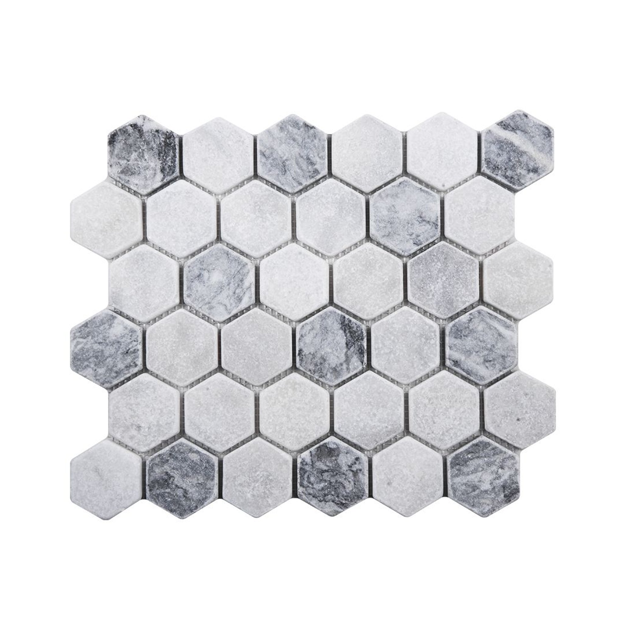 Tumbled Carrara white and platinum grey marble two-inch hexagon mosaic tile with grey accents