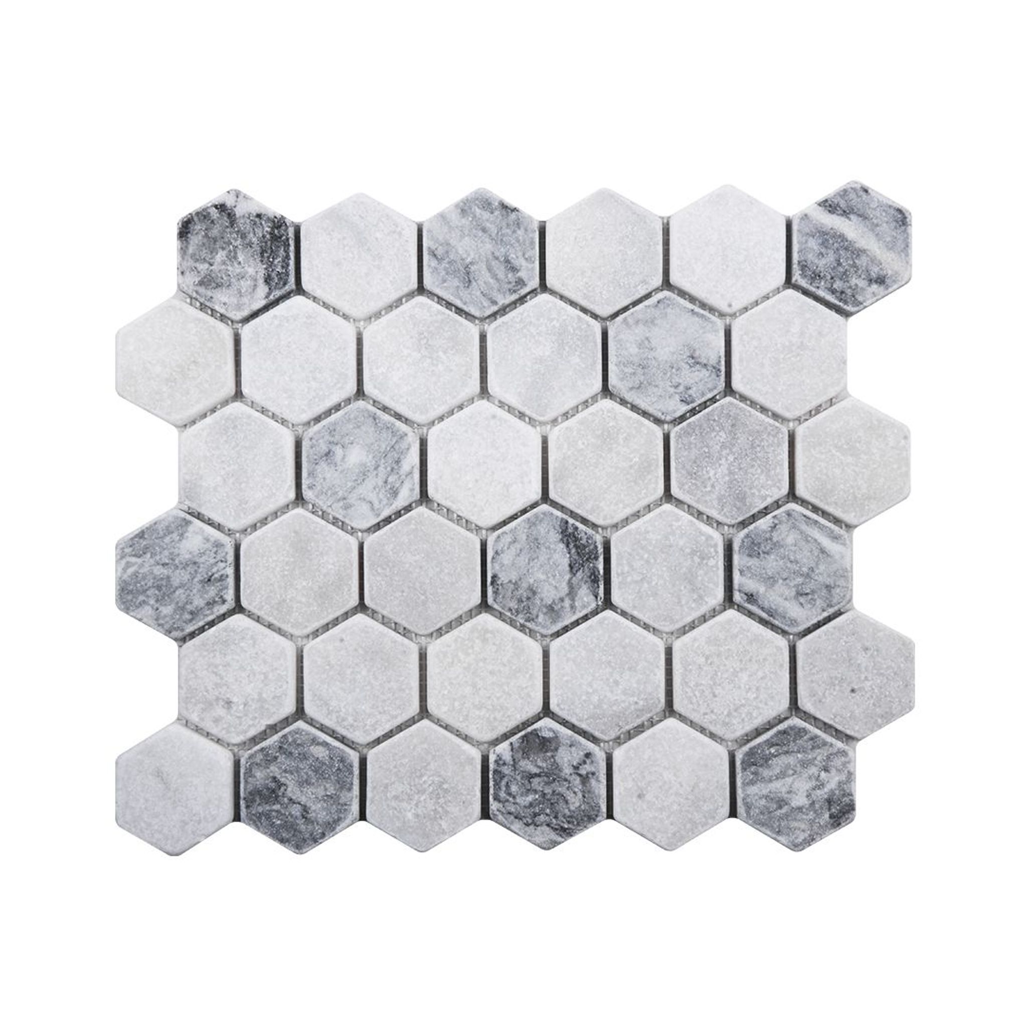 Tumbled Carrara white and platinum grey marble two-inch hexagon mosaic tile with grey accents