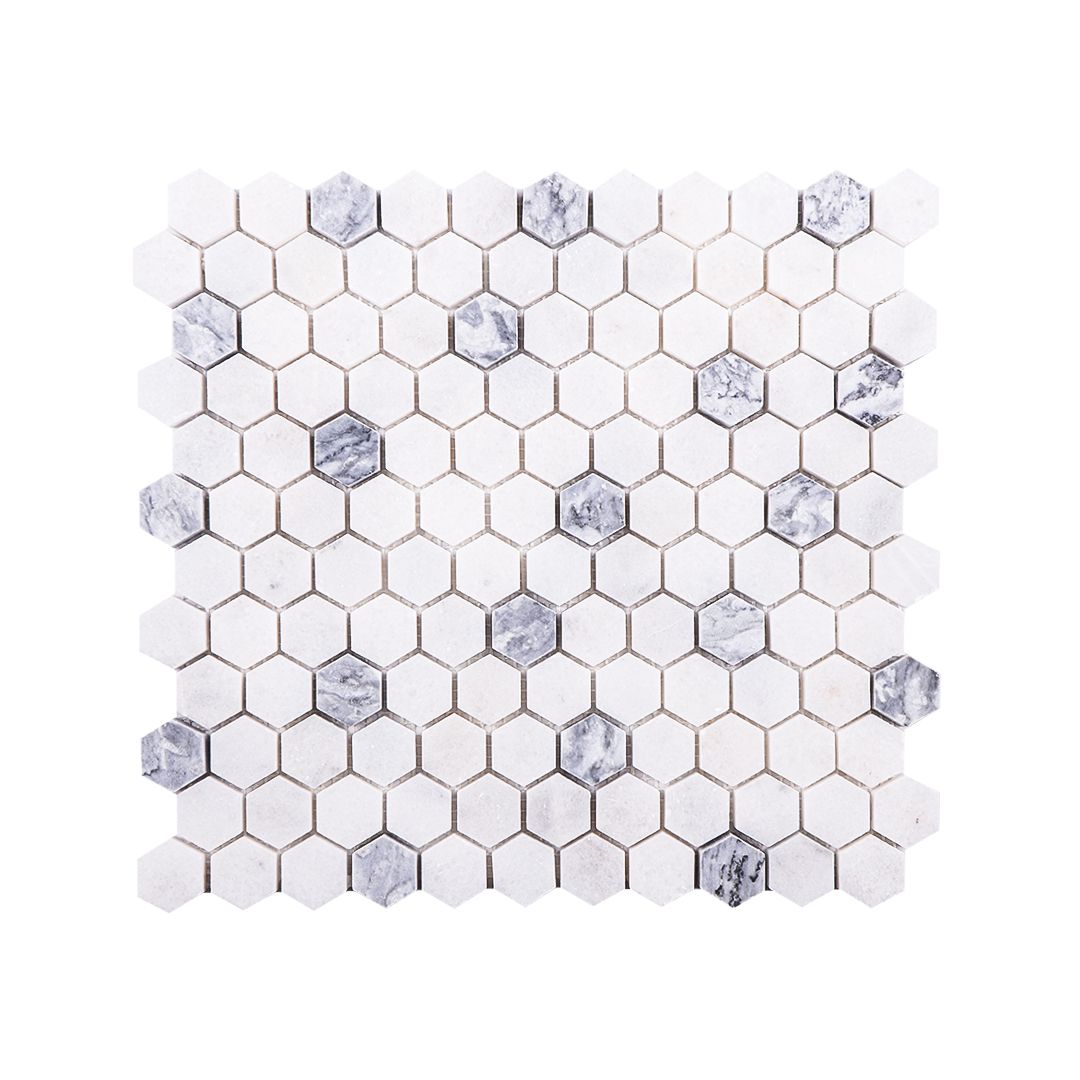 Mugla White - Silver 1 Inch Hexagon Honed Marble Mosaic Tile