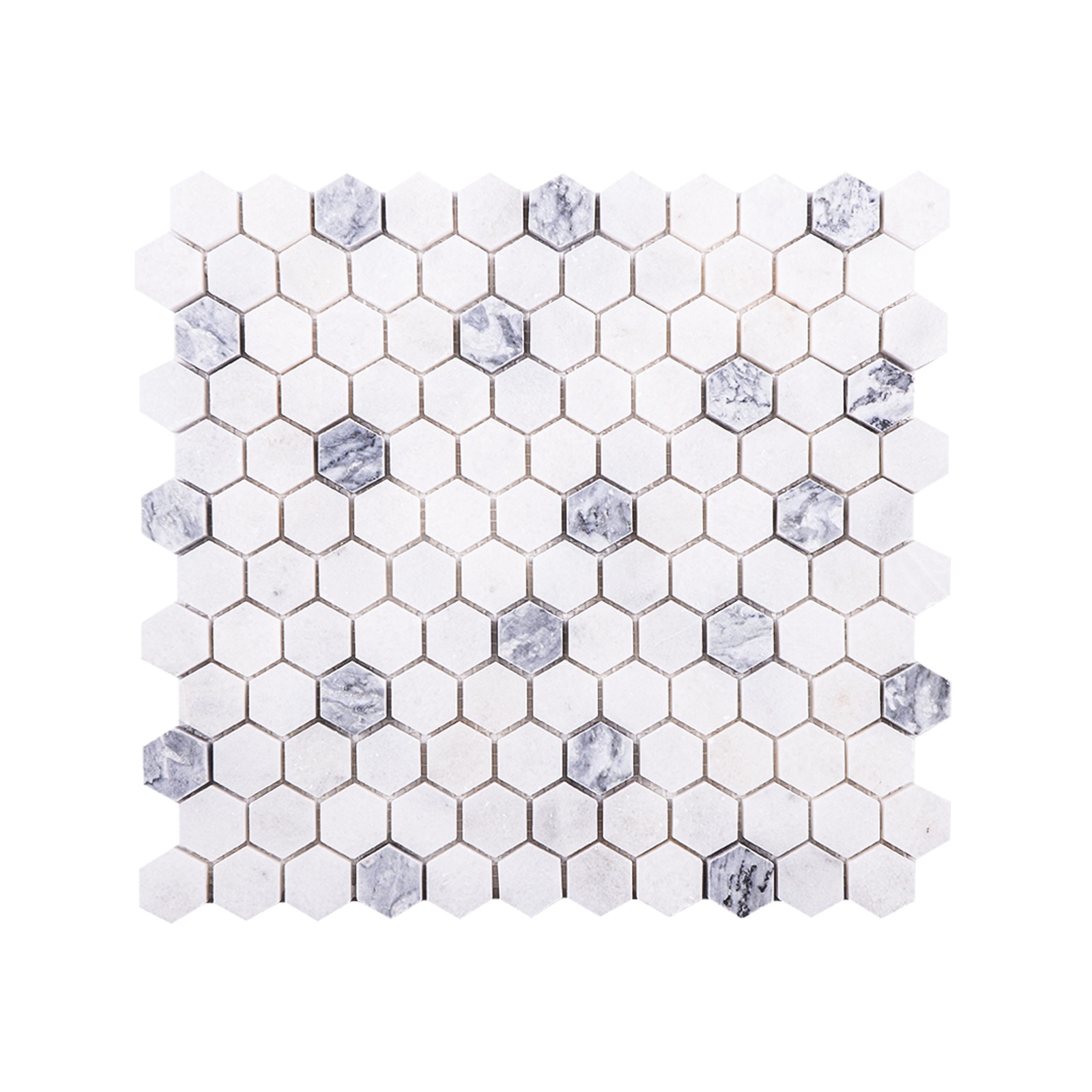 Mugla White - Silver 1 Inch Hexagon Honed Marble Mosaic Tile