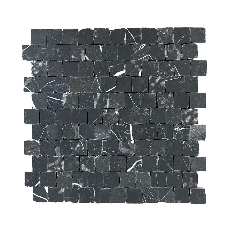 Honed Nero Marquina marble rustic-edge square mosaic tile with chipped edges