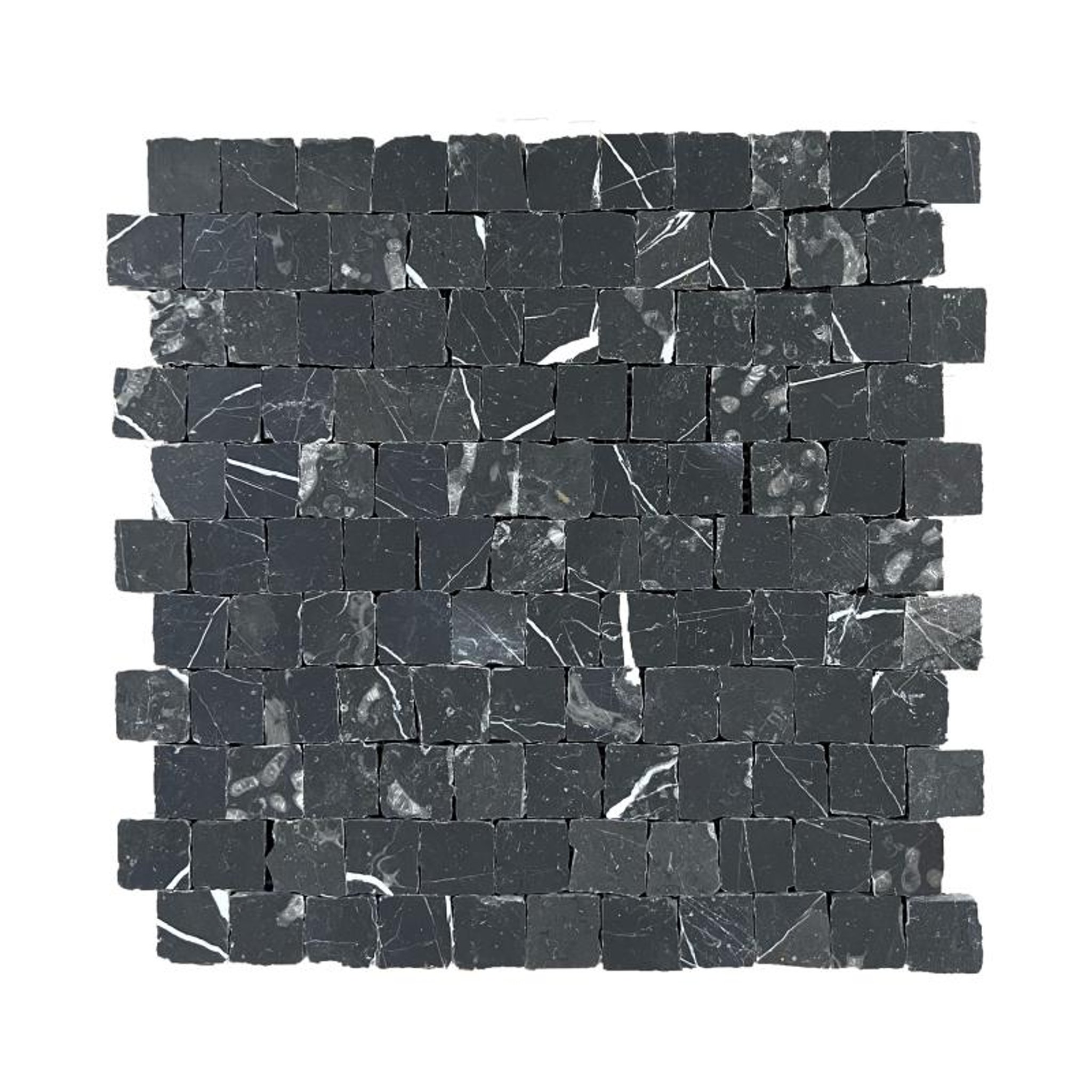 Honed Nero Marquina marble rustic-edge square mosaic tile with chipped edges