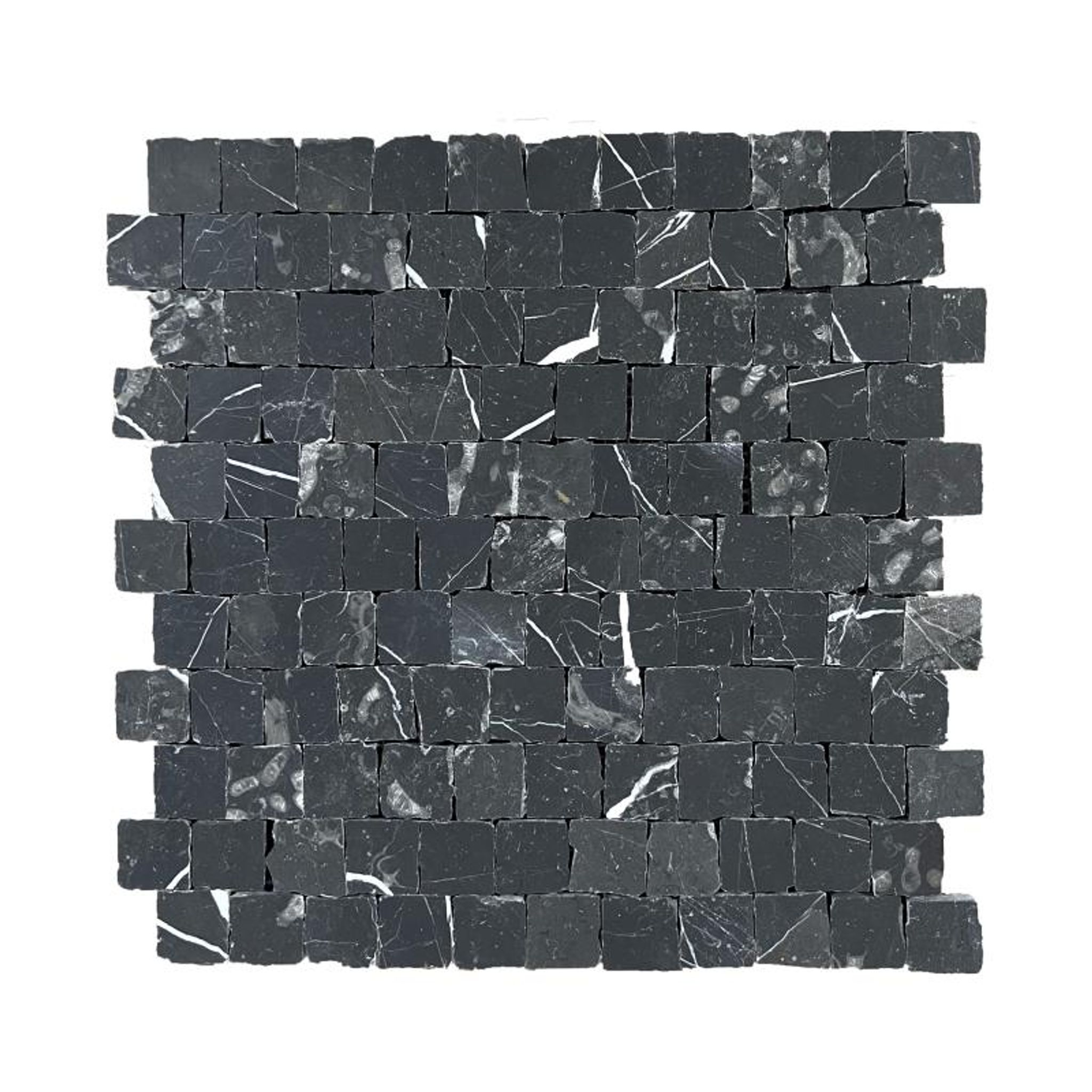 Honed Nero Marquina marble rustic-edge square mosaic tile with chipped edges