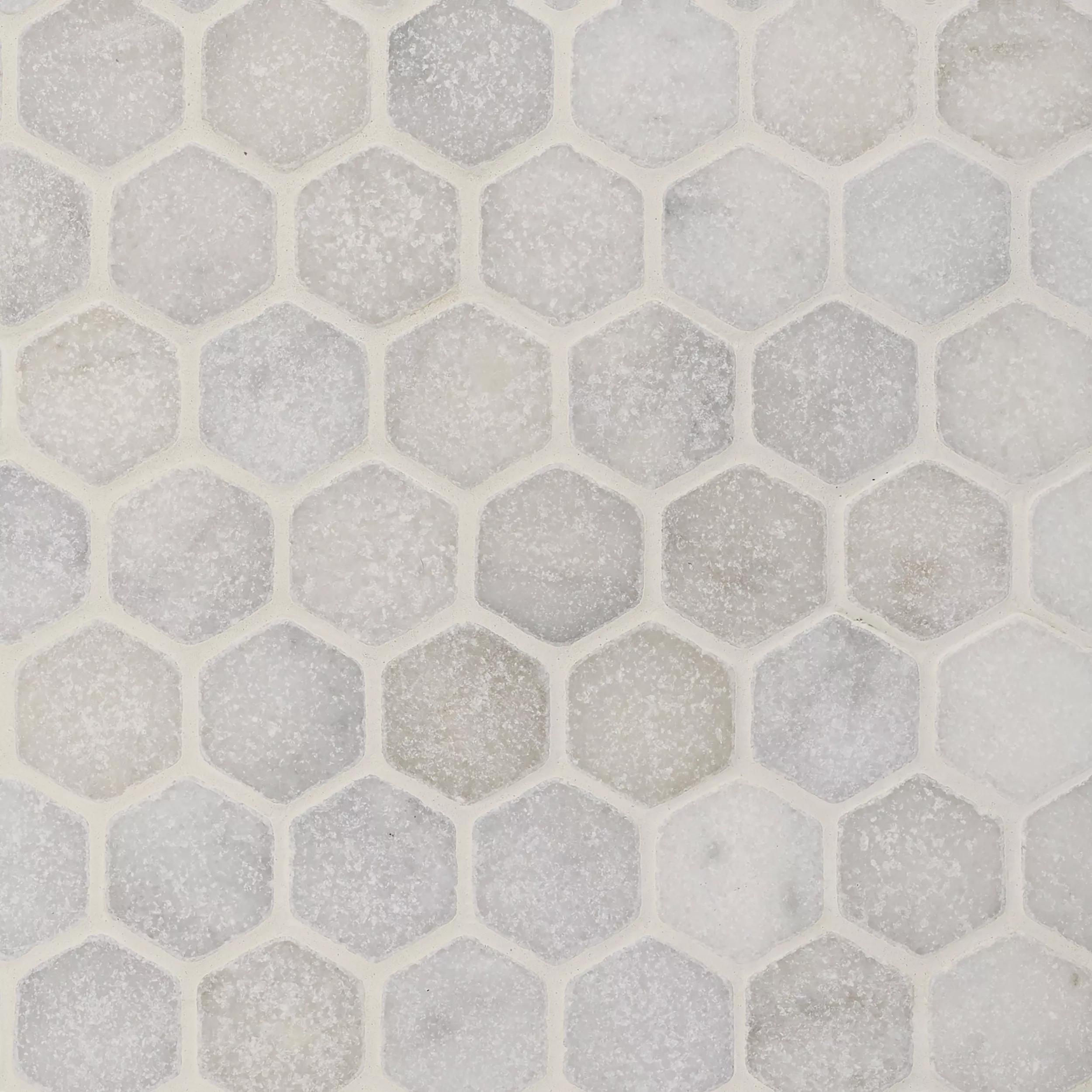 Tumbled Carrara White marble two-inch hexagon mosaic tile with cloudy grey veining thumbnail 2