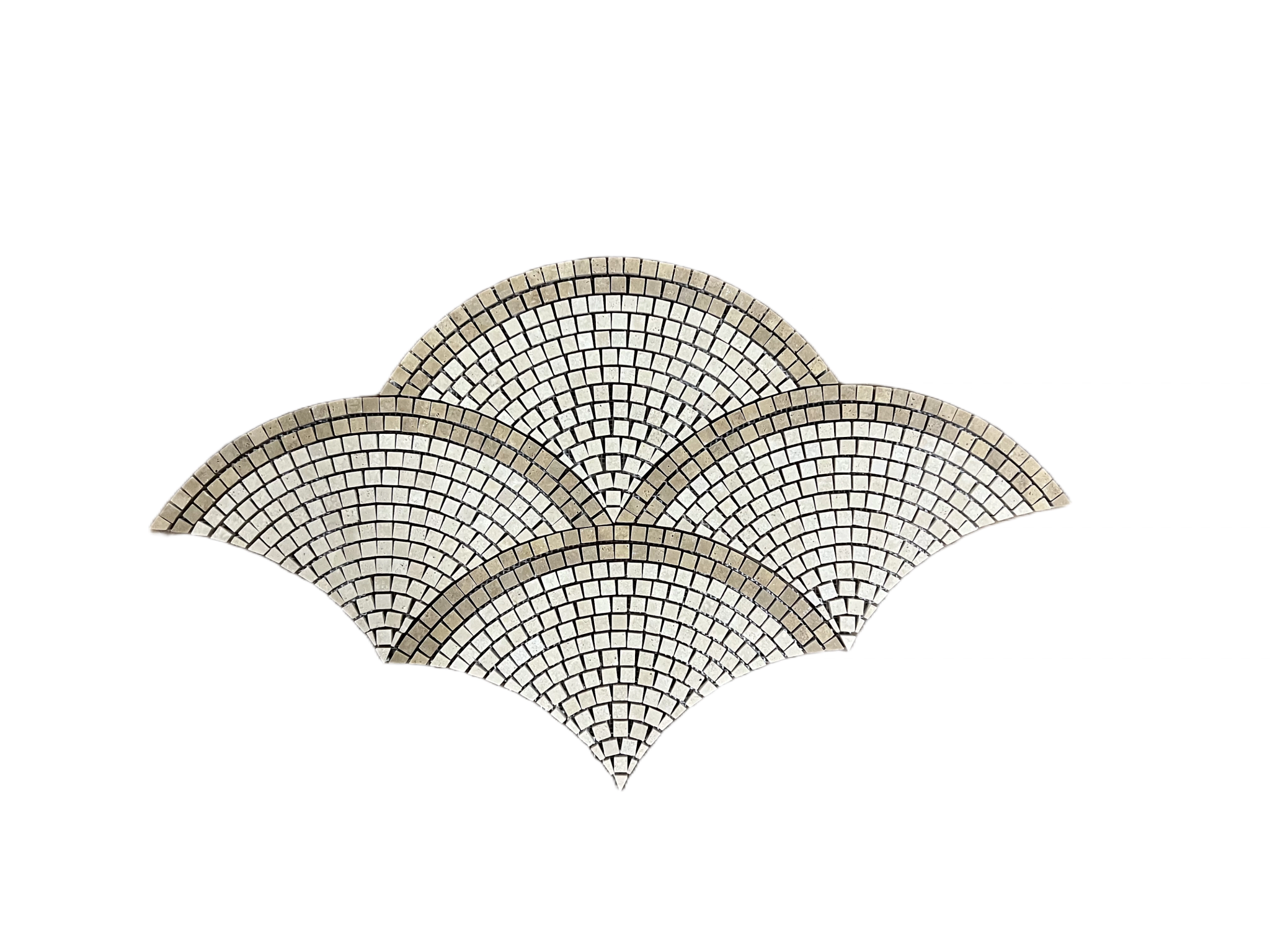 Honed Shellstone limestone and Noche travertine fan scallop mosaic tile with walnut borders