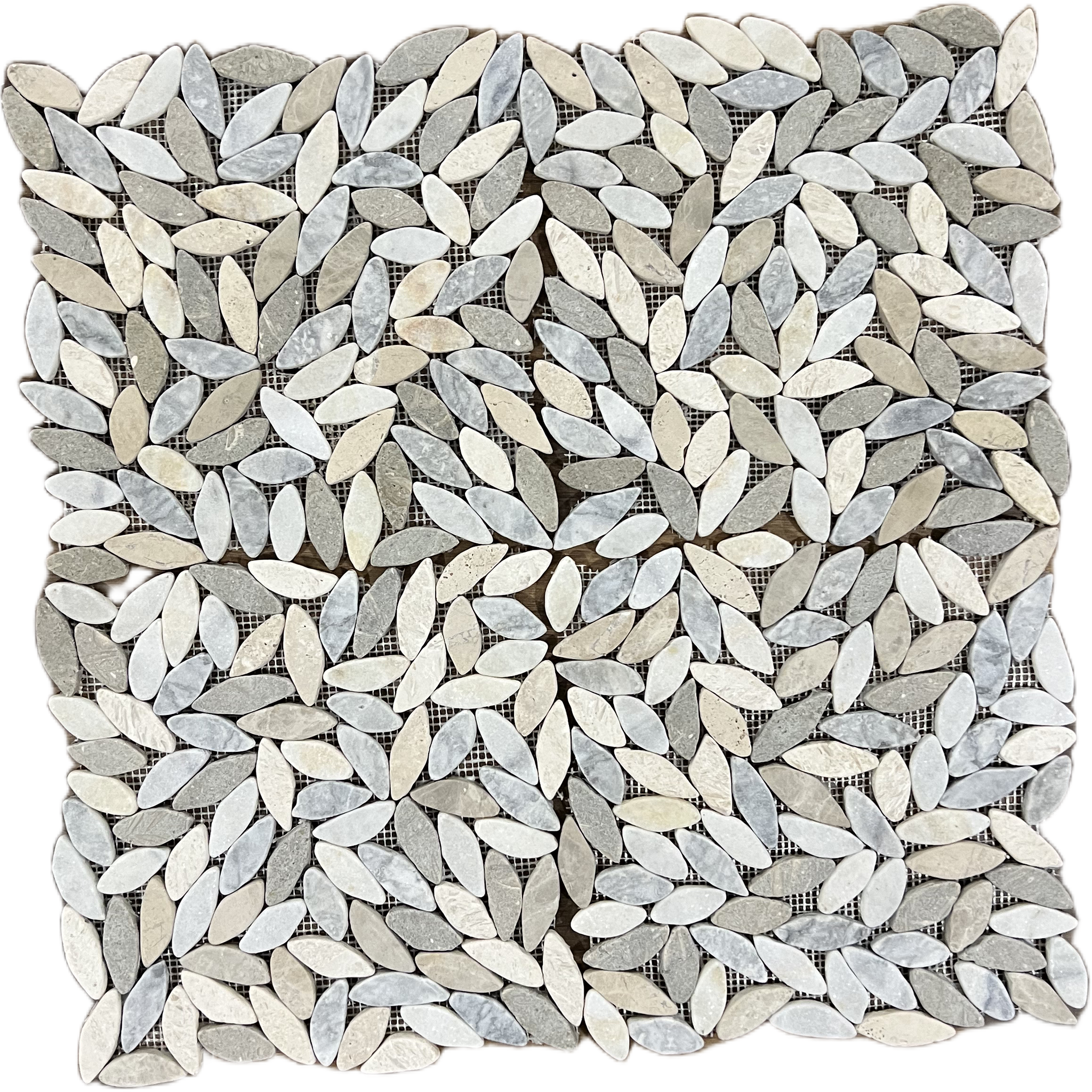 Tumbled marble mixed-leaves mosaic tile in white, cream and cool grey