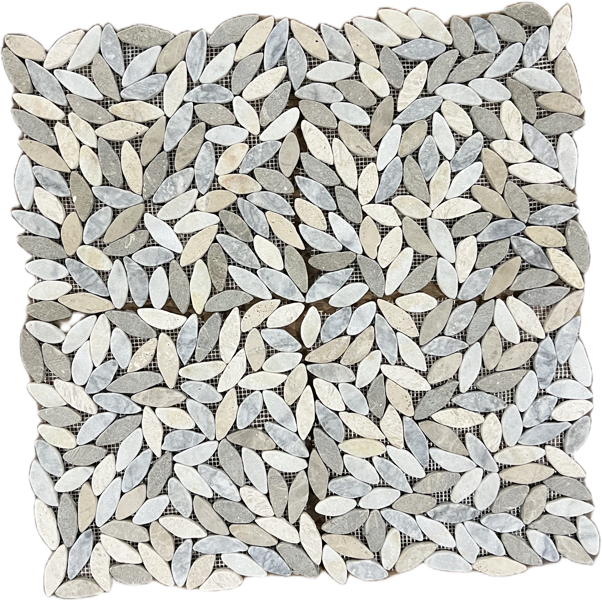 Tumbled marble mixed-leaves mosaic tile in white, cream and cool grey