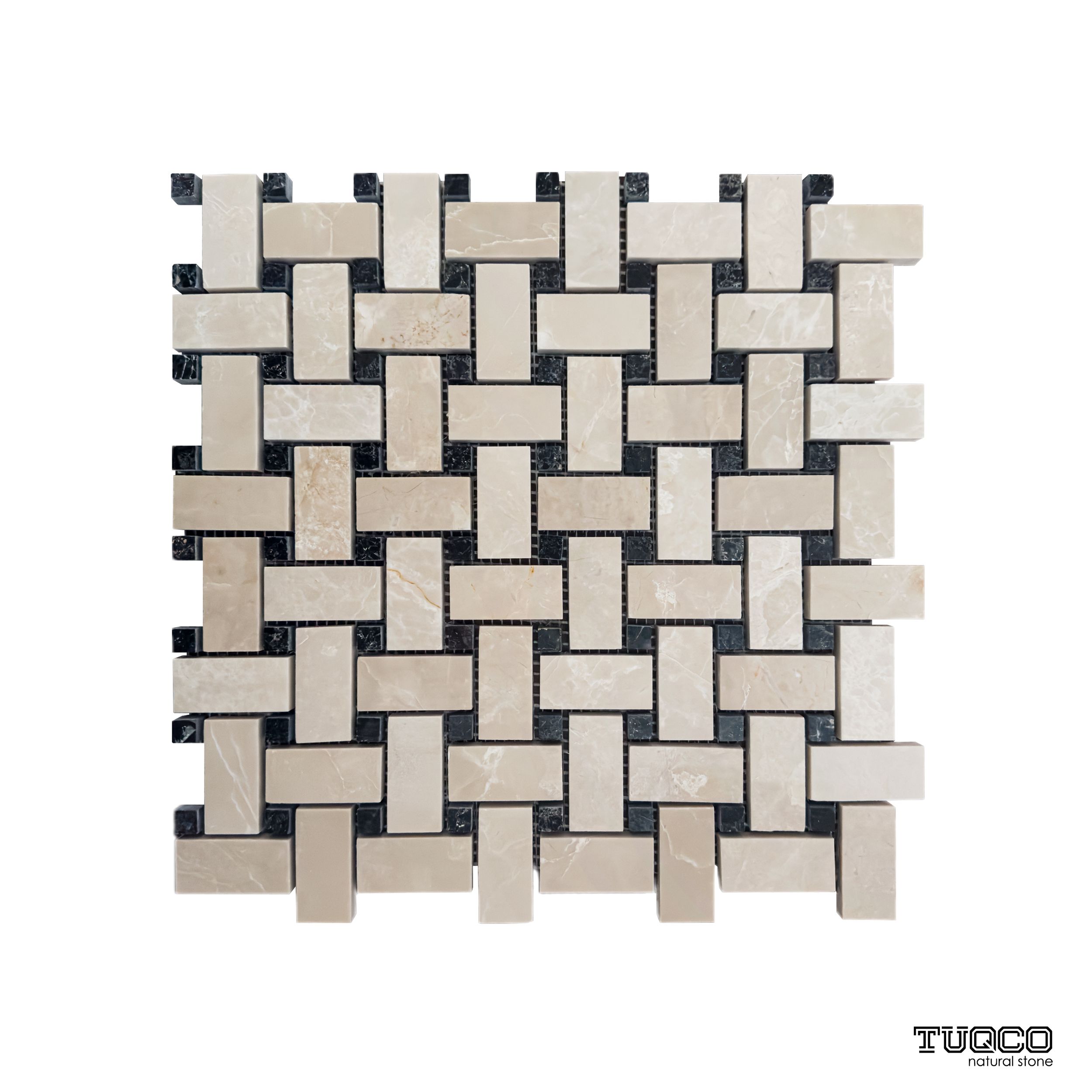 Polished beige marble basket-weave mosaic tile with black marble accent dots