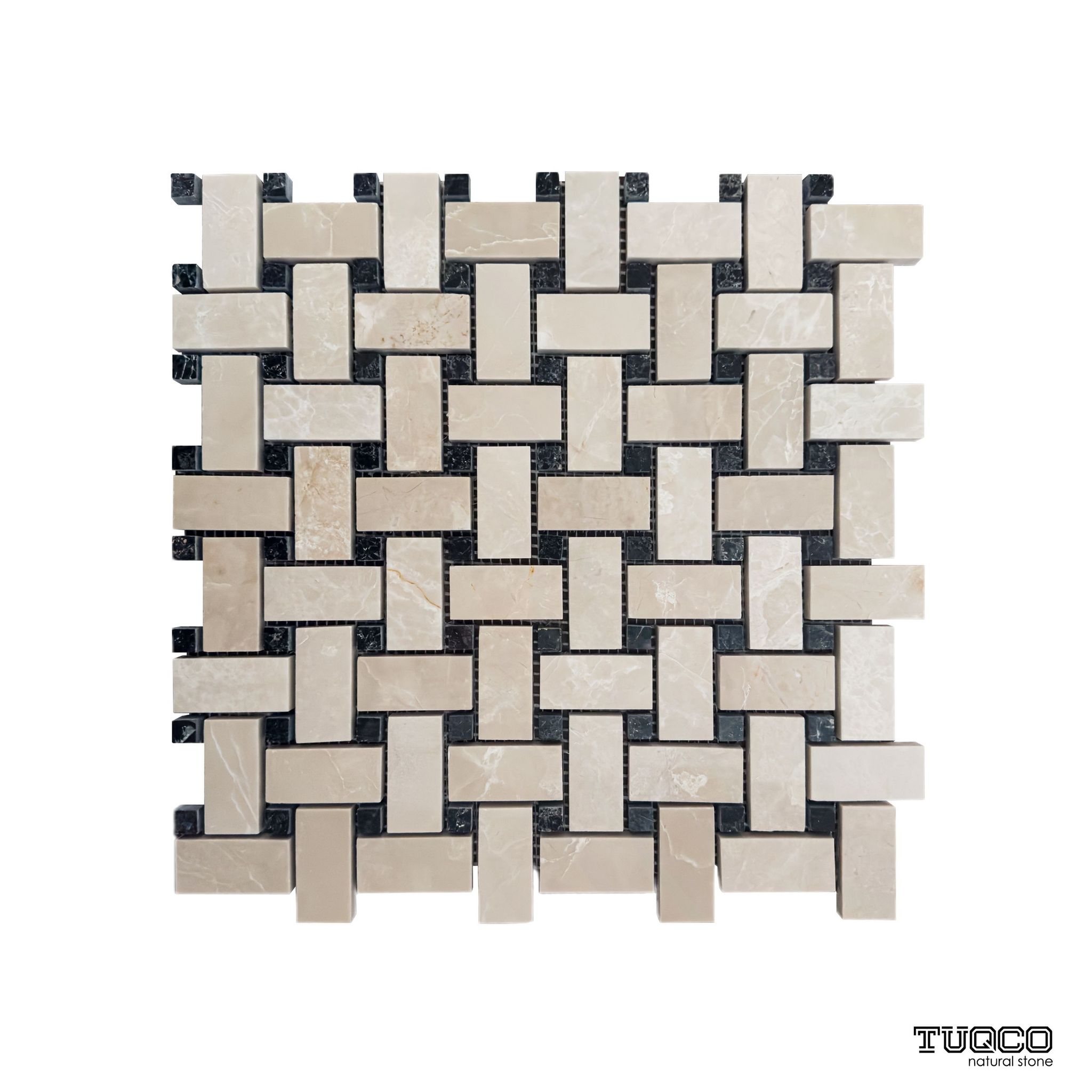Polished beige marble basket-weave mosaic tile with black marble accent dots