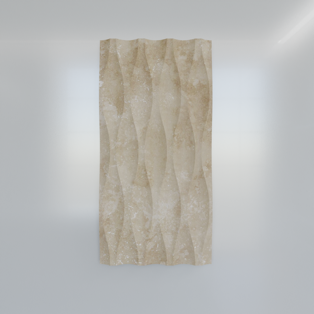 Travertine wave decor tile with sculptural 3D relief in sandy beige, biscuit and ivory