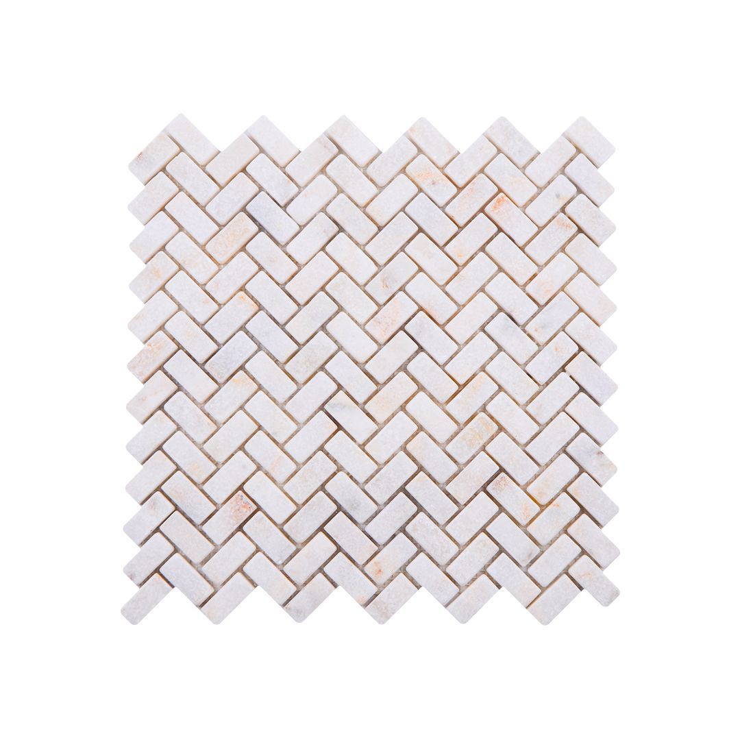 Tumbled Calacatta Sugar marble herringbone mosaic tile in cream, ivory and honey