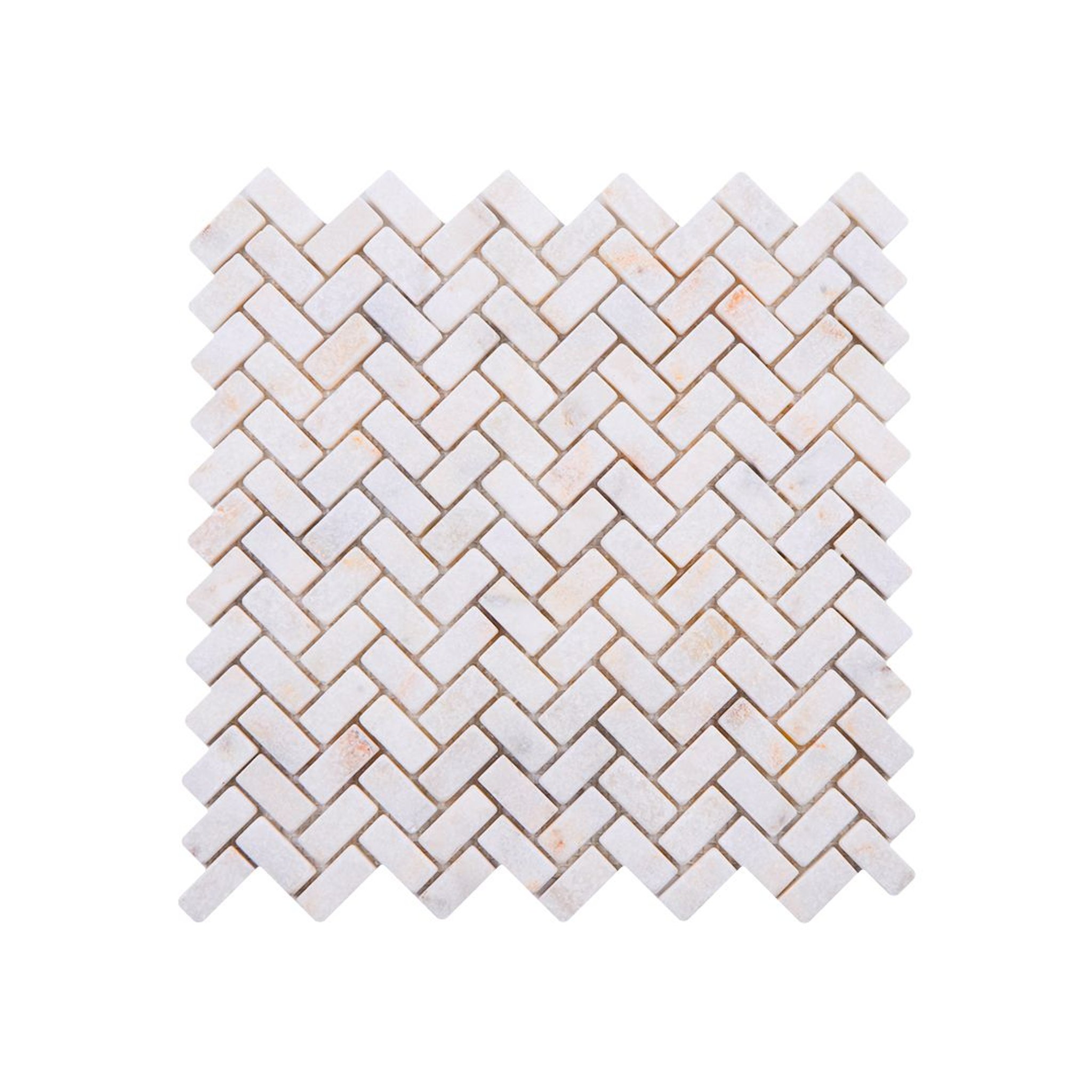 Tumbled Calacatta Sugar marble herringbone mosaic tile in cream, ivory and honey