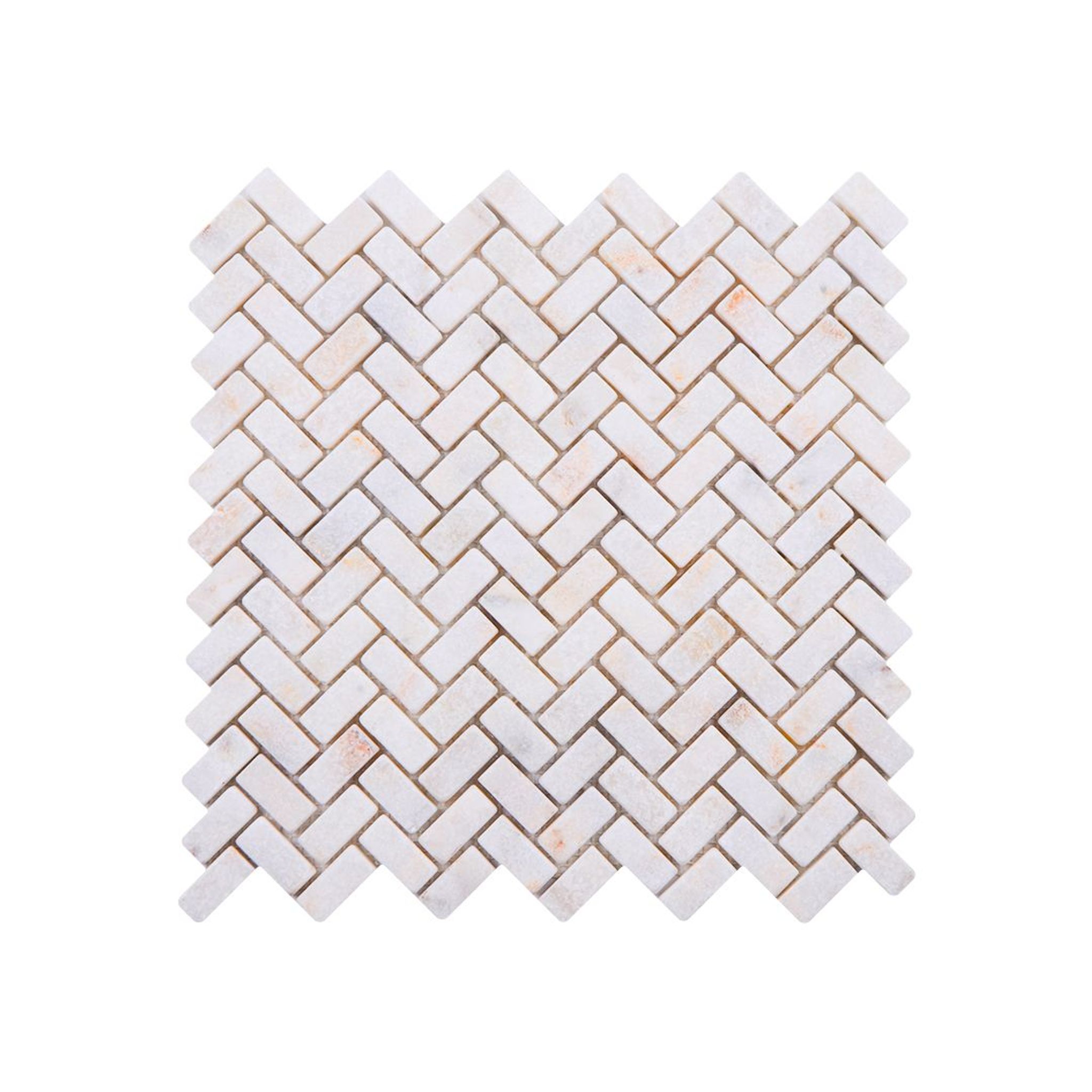 Tumbled Calacatta Sugar marble herringbone mosaic tile in cream, ivory and honey
