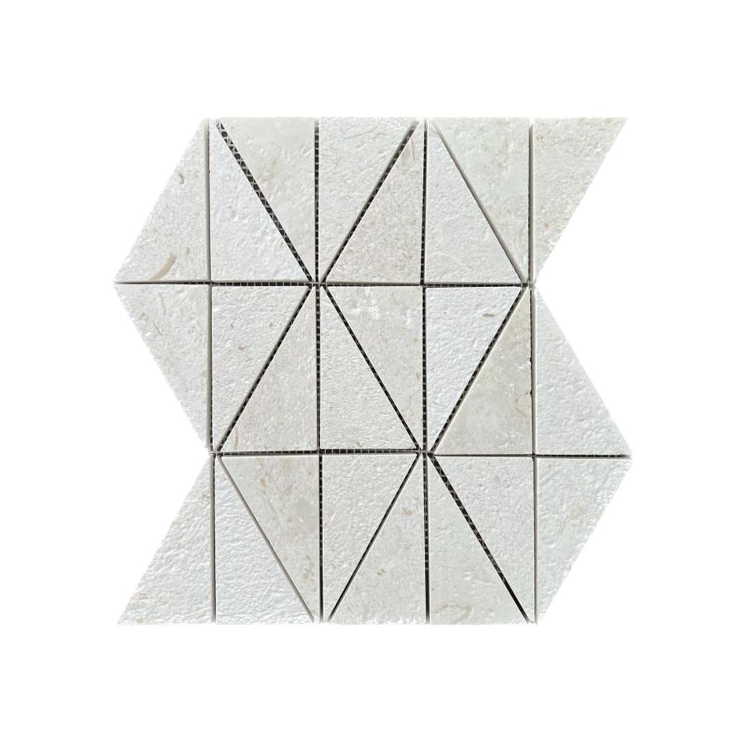 Brushed Shellstone limestone triangle mosaic tile in chalk, ecru and ash-blonde with fossils thumbnail 2