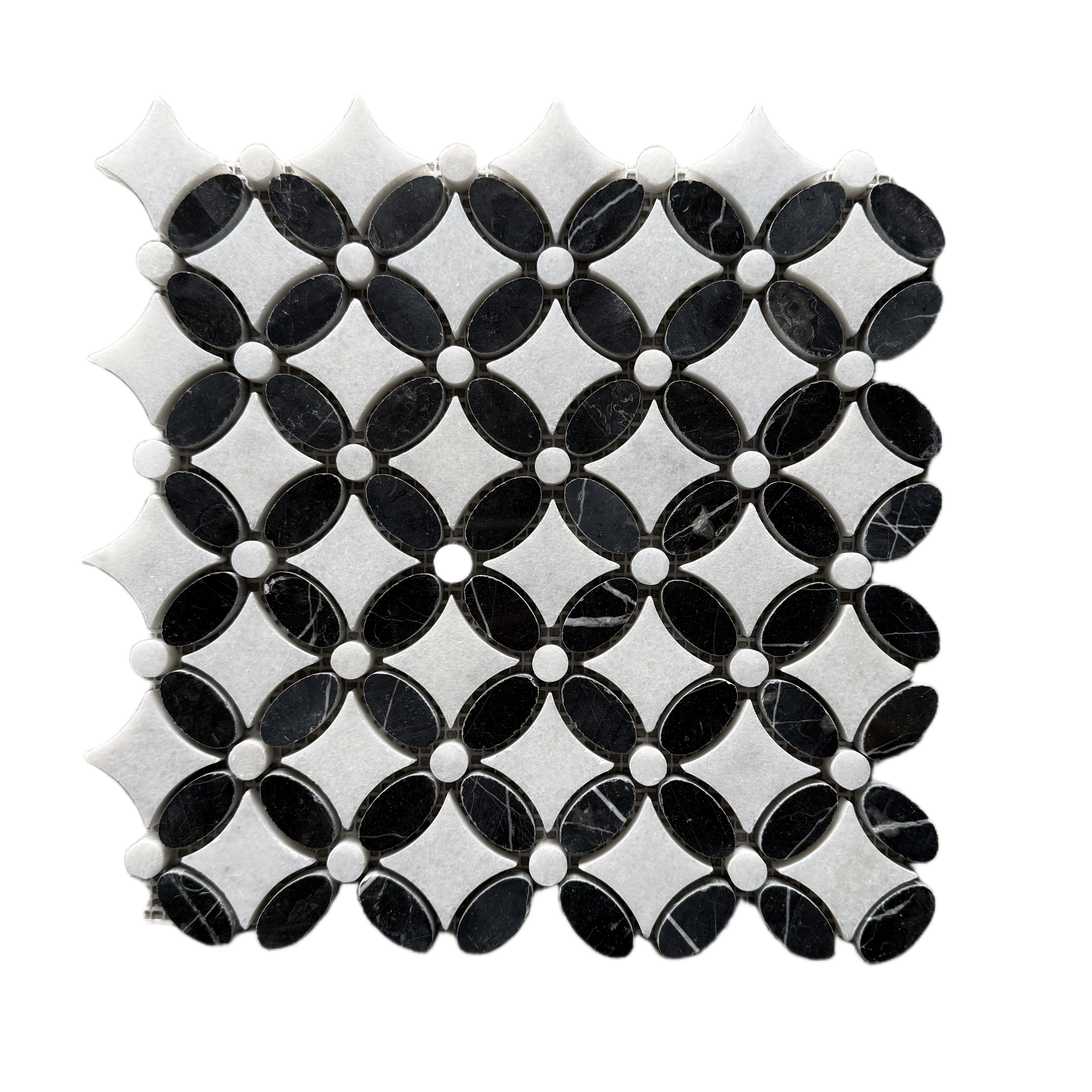 Polished Carrara white and Nero Marquina marble flower mosaic tile in black and white thumbnail 2