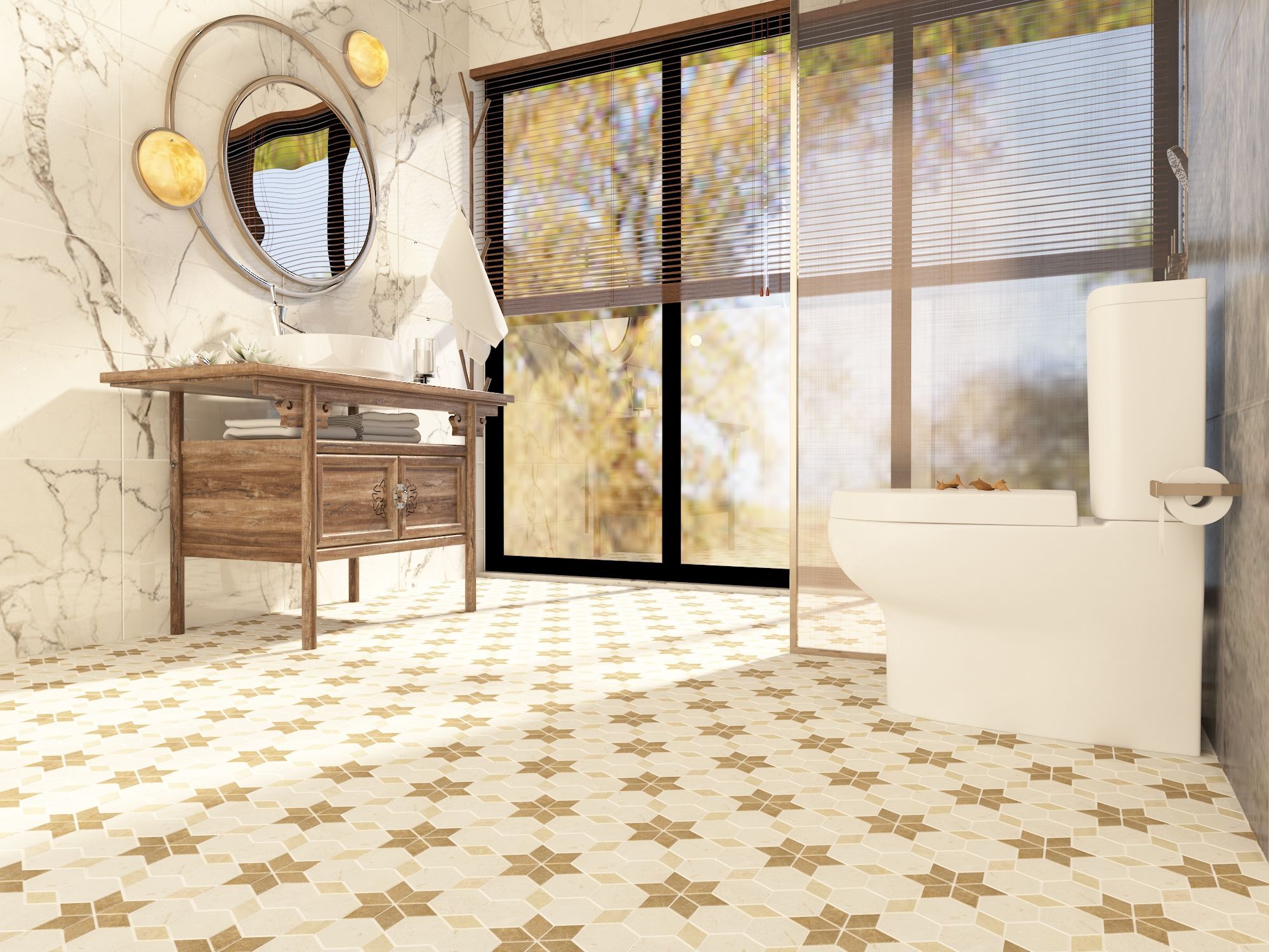 Honed Shellstone and mix travertine Starline mosaic tile with ochre six-point stars thumbnail 3