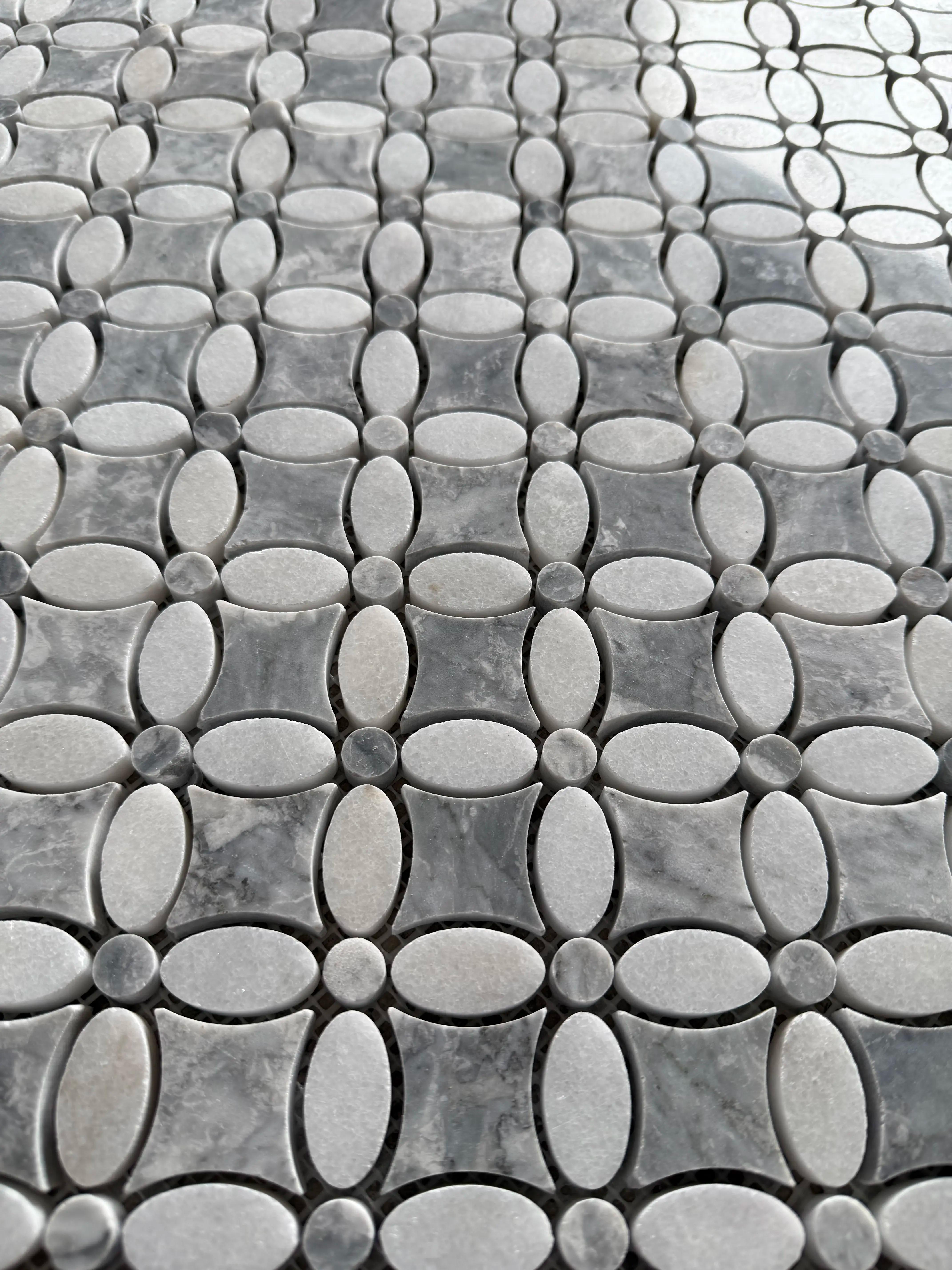 Polished Carrara white and platinum grey marble flower mosaic tile with grey nodes thumbnail 3