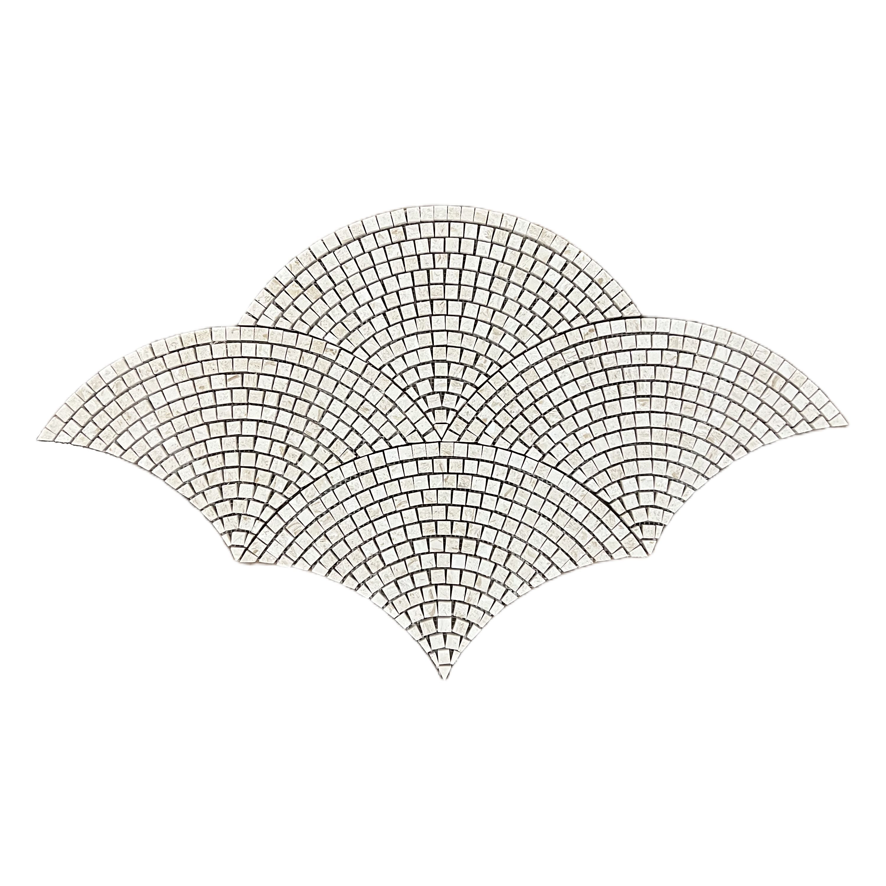 Honed Shellstone limestone fan scallop mosaic tile in ivory, biscuit and sandy beige