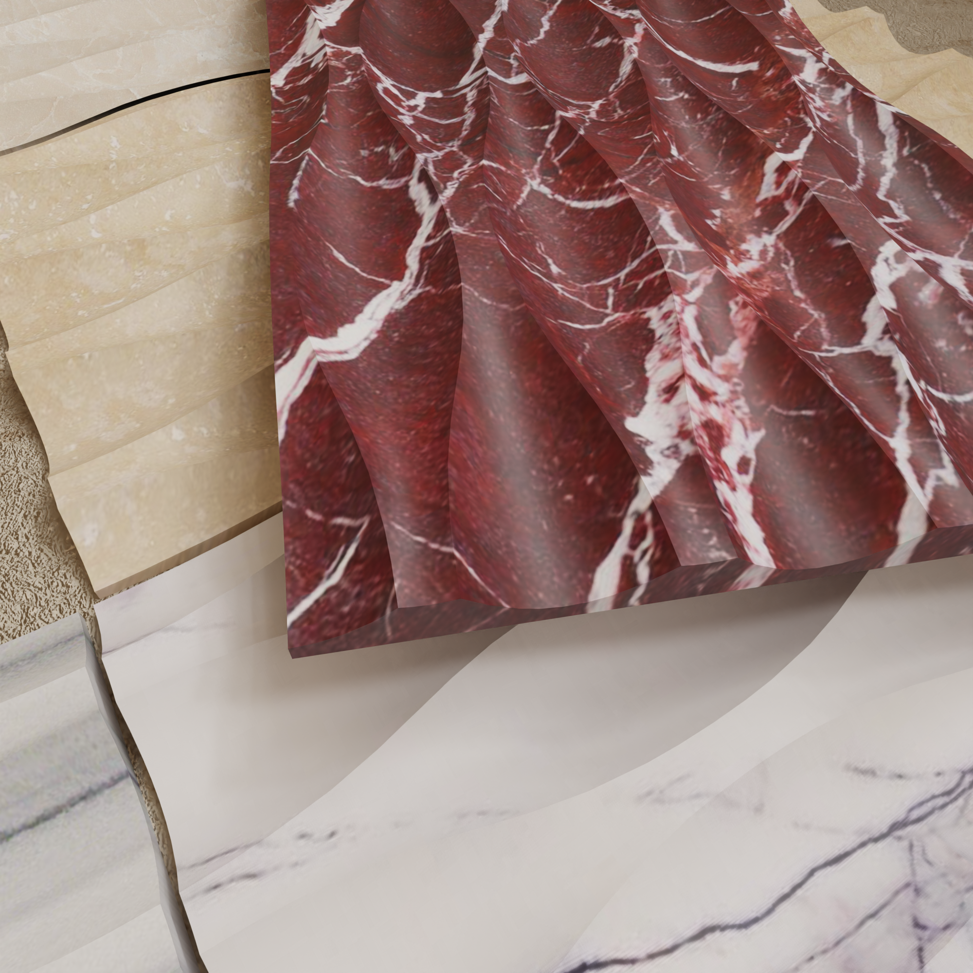 Rosso Levanto wave marble tile with sculptural 3D relief and white veining thumbnail 2