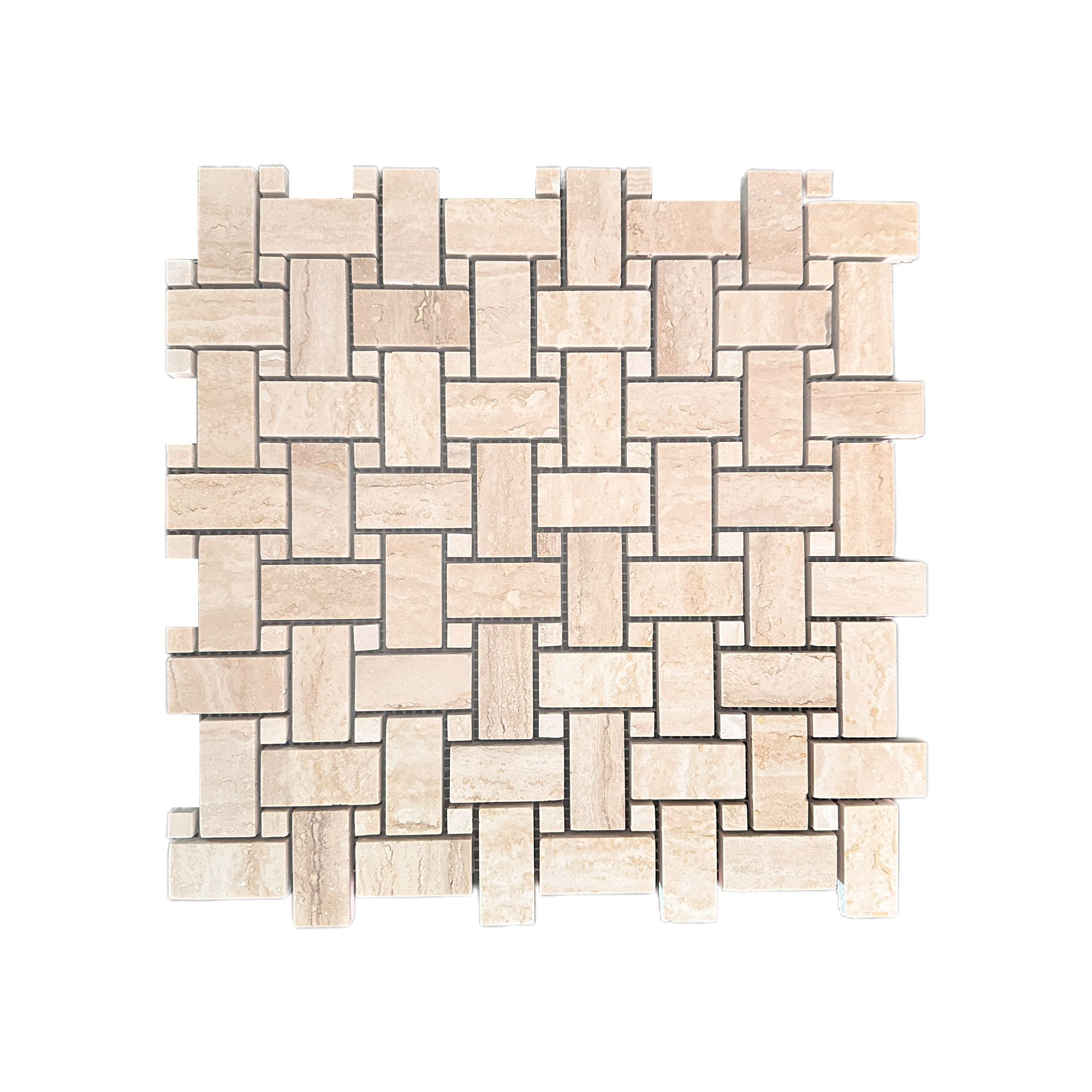 Polished travertine basket-weave mosaic tile in warm beige, cream and tan