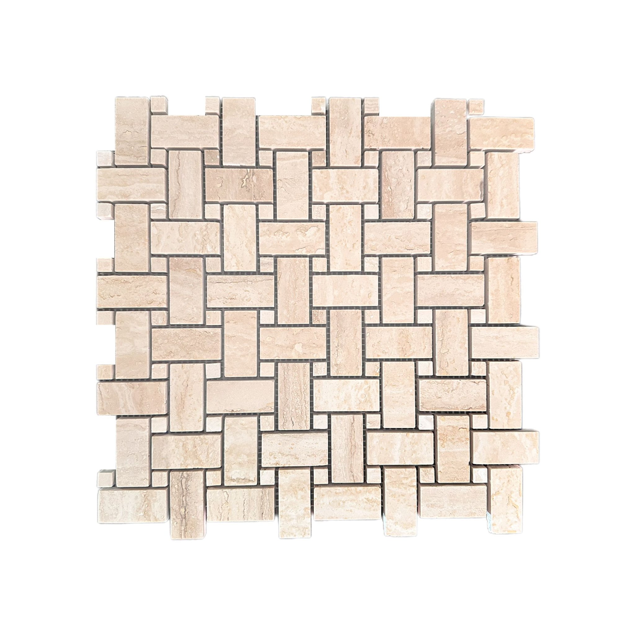 Polished travertine basket-weave mosaic tile in warm beige, cream and tan