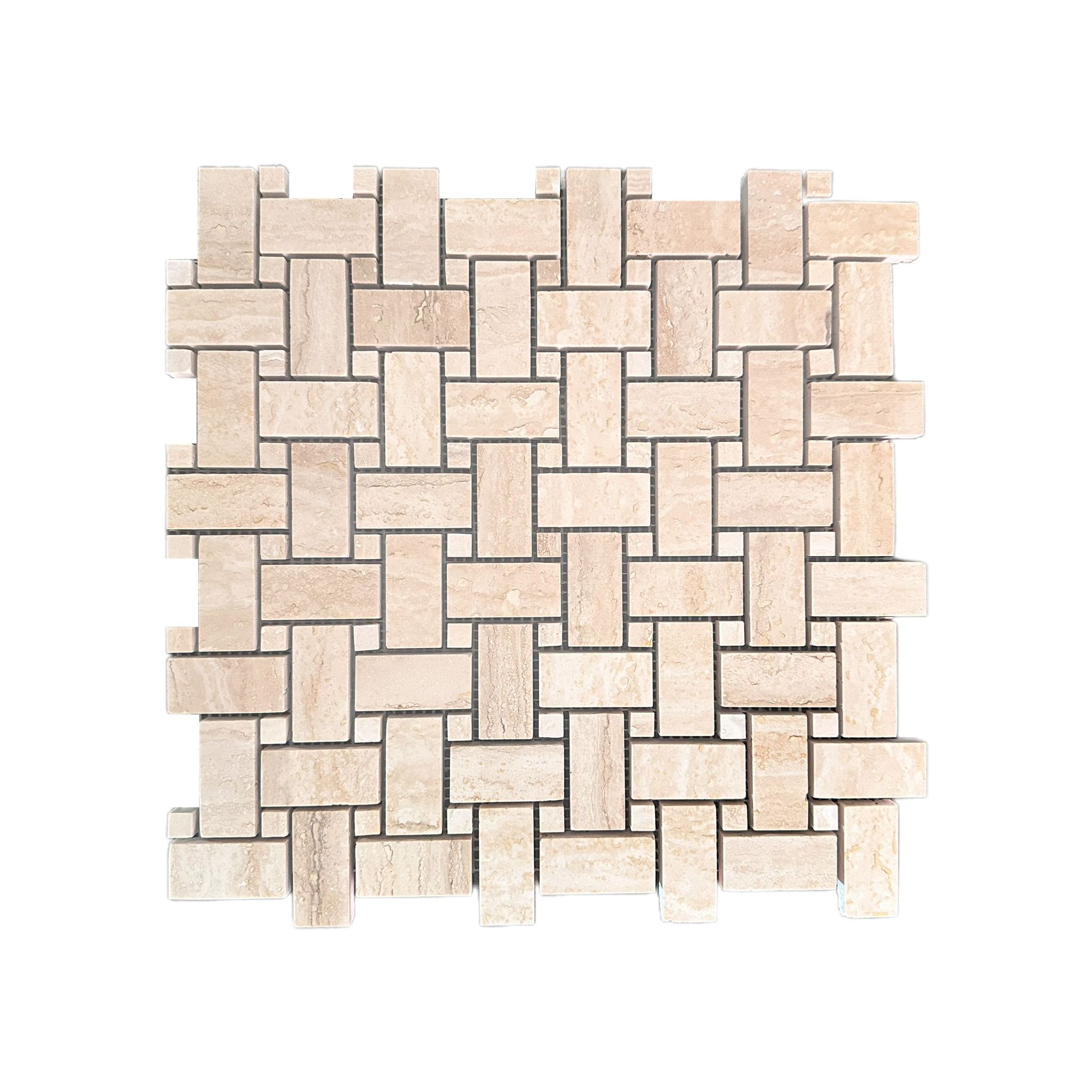 Polished travertine basket-weave mosaic tile in warm beige, cream and tan