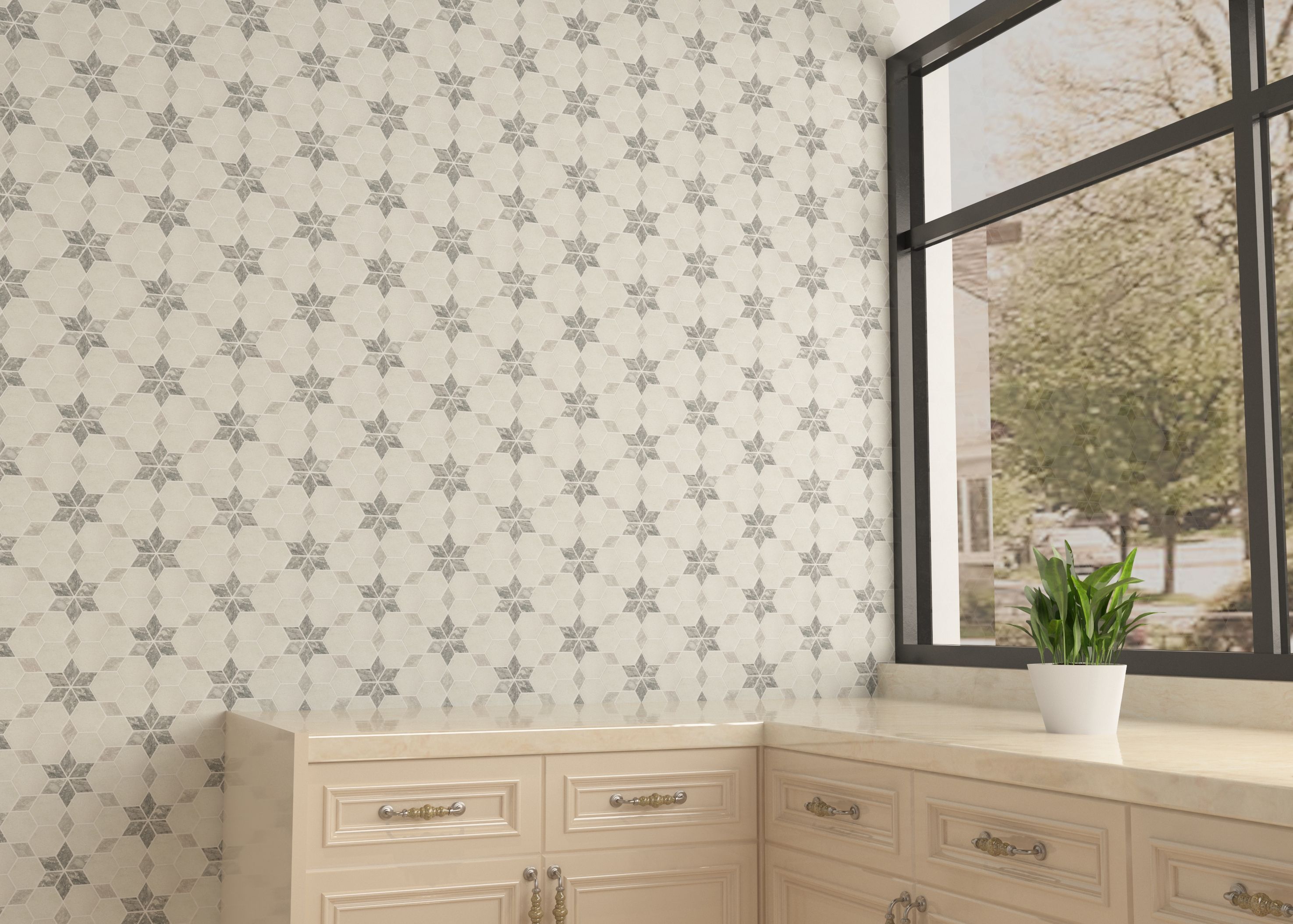 Honed Carrara white and platinum grey marble starline mosaic tile with grey six-point stars thumbnail 4