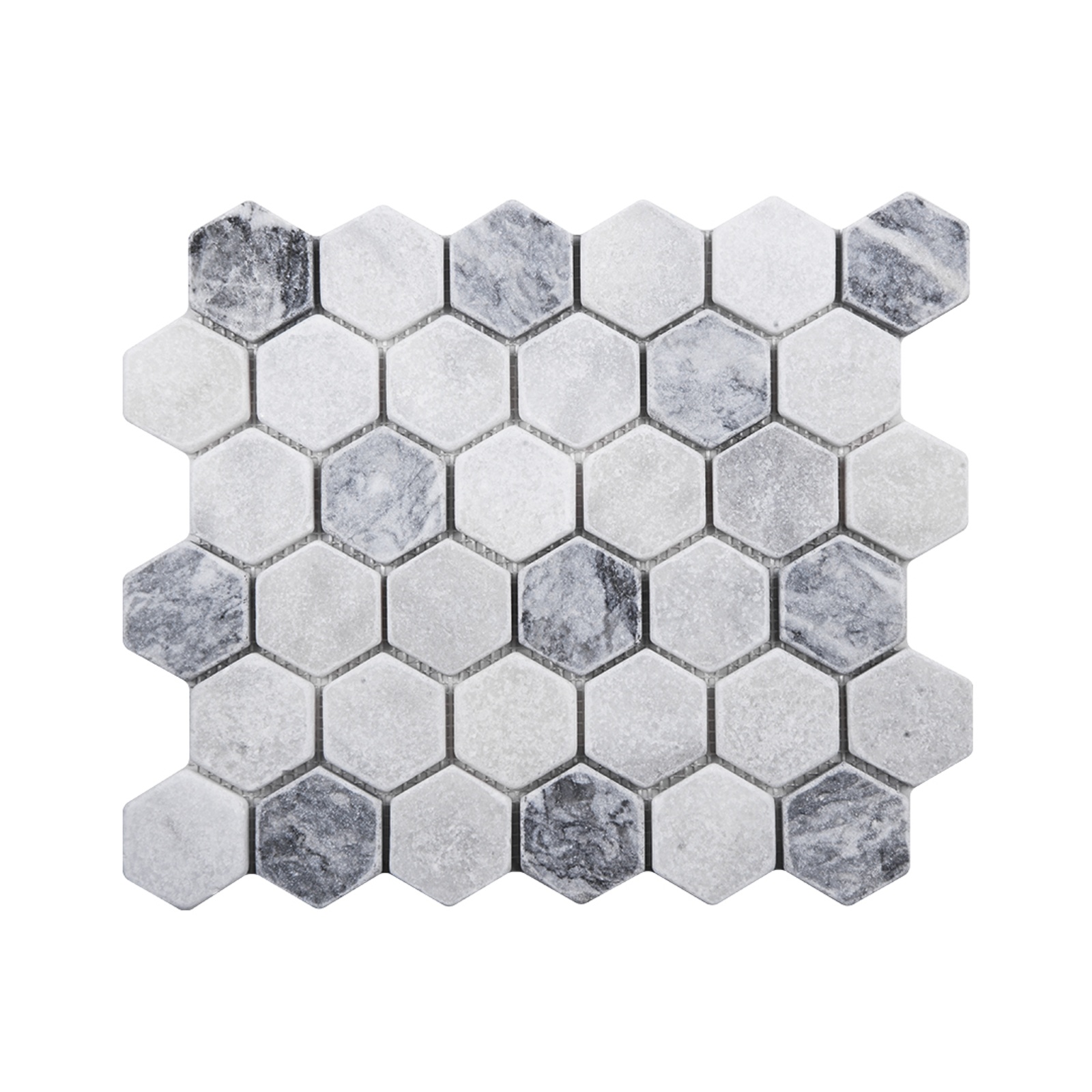 Mugla White - Silver 2 Inch Hexagon Tumbled Marble Mosaic Tile