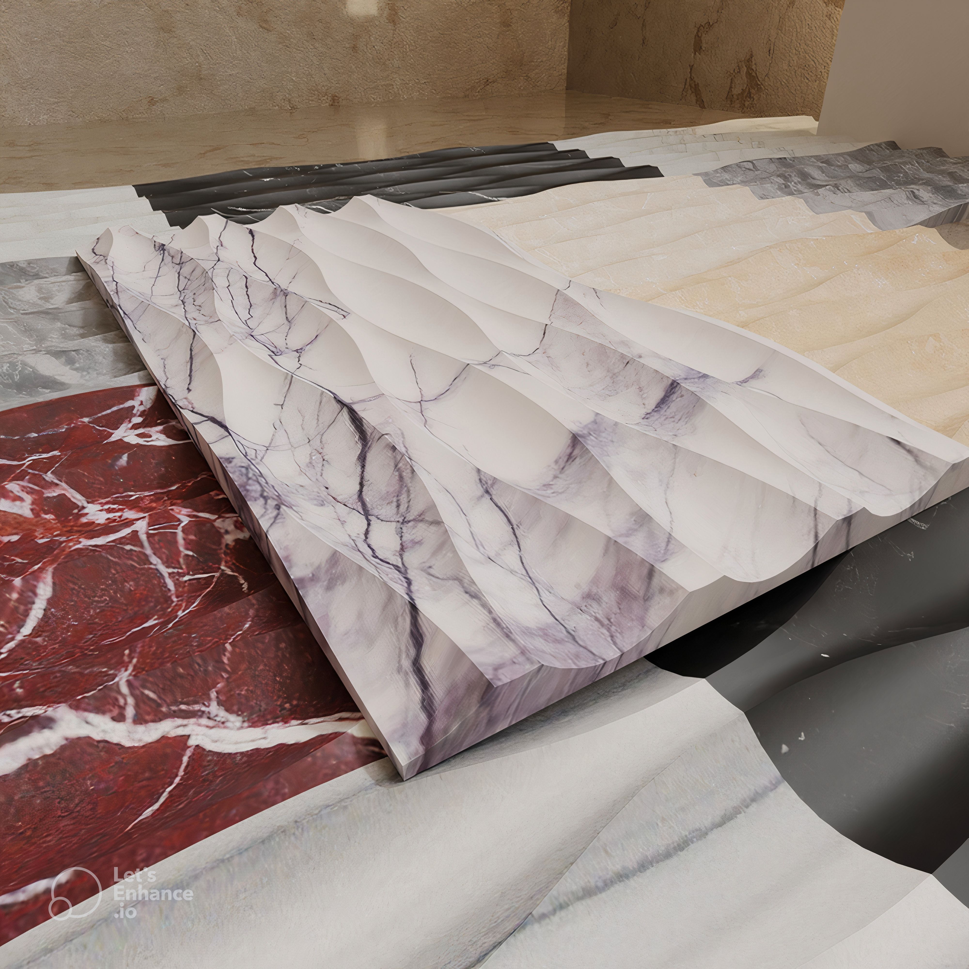 Calacatta Viola wave marble tile with sculptural 3D relief and burgundy veining thumbnail 4