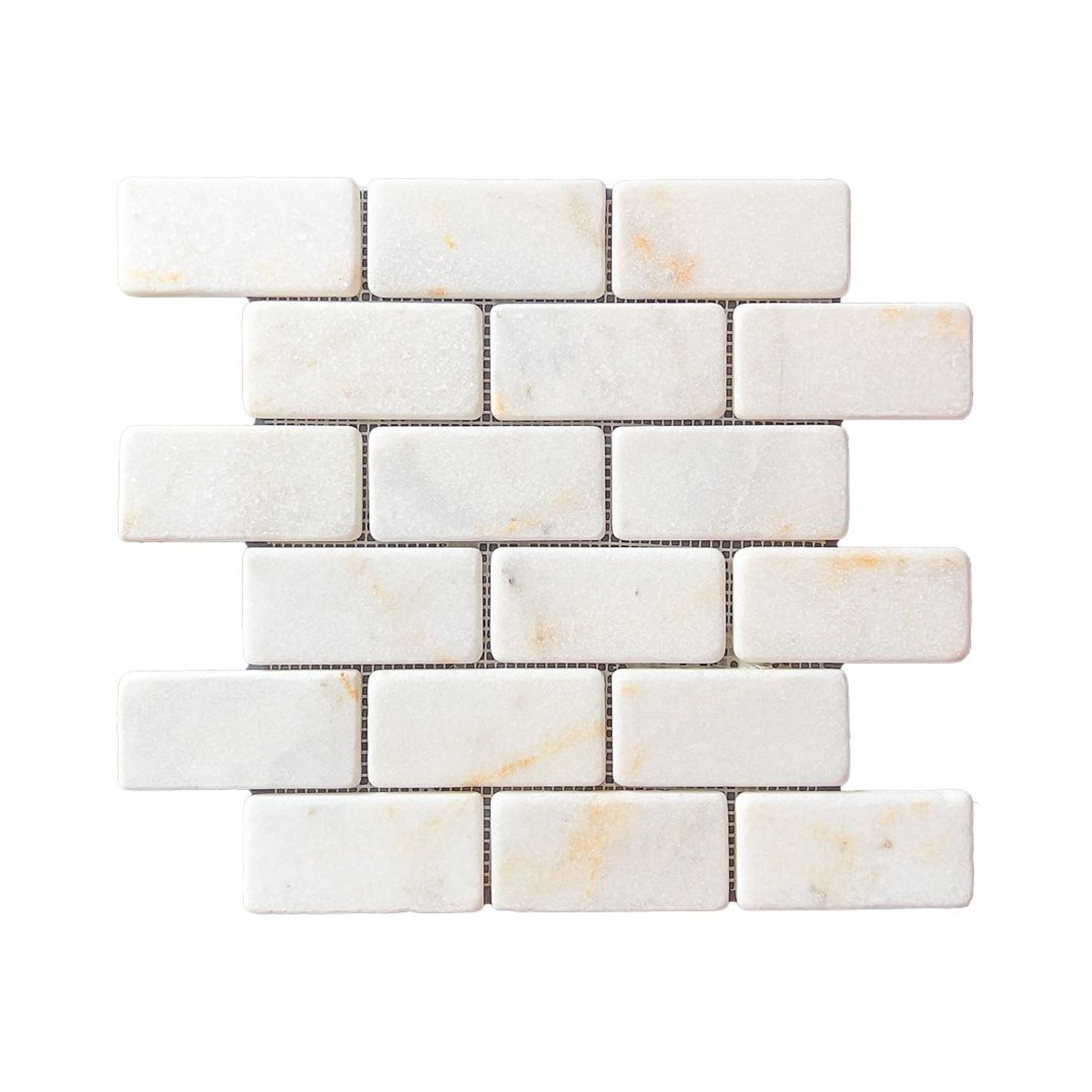 Tumbled Calacatta Sugar marble brick mosaic tile, aged white with gold and ochre