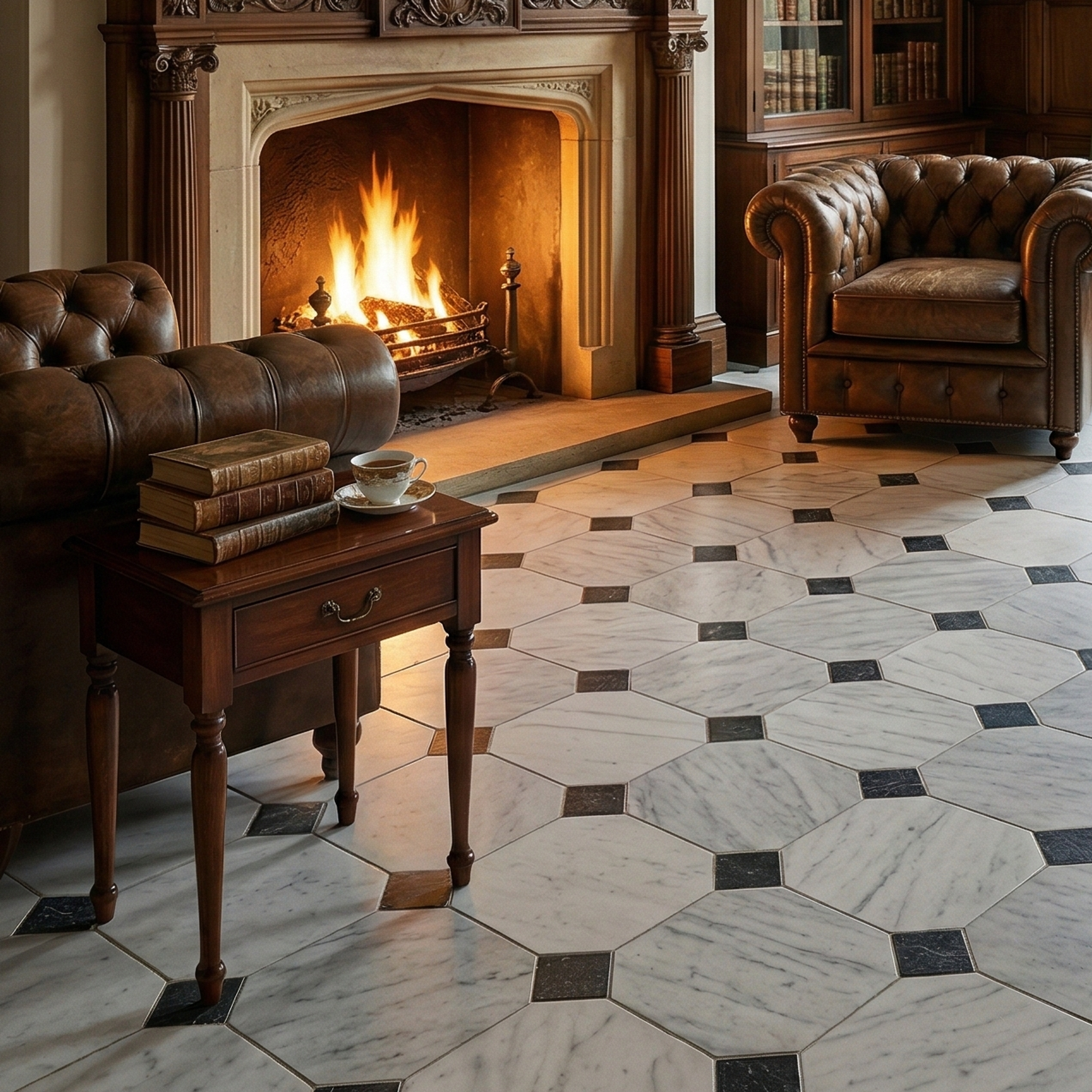 Honed Carrara white and Selene marble octagon tile, white with charcoal cabochons