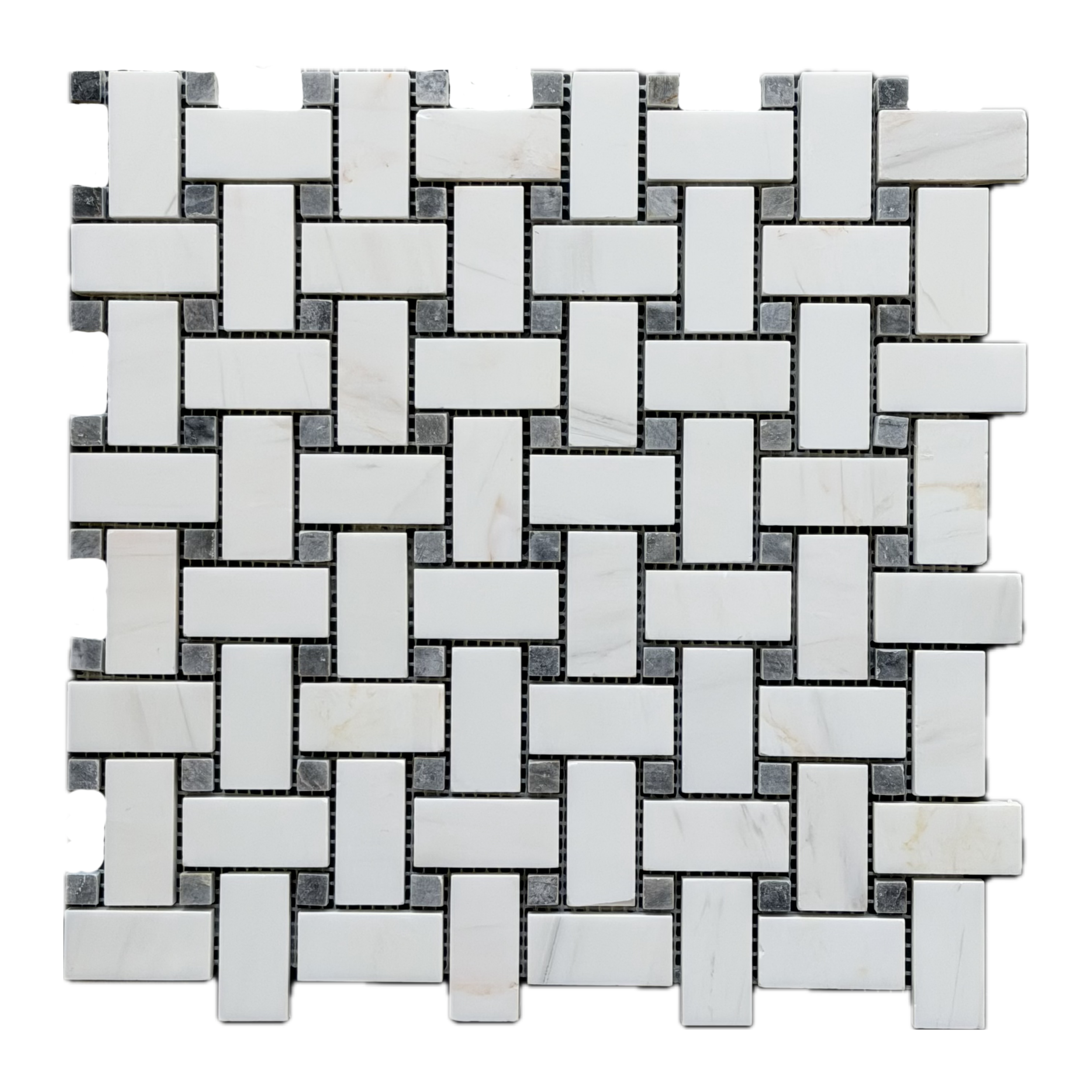 Polished dolomite and platinum grey marble basket-weave mosaic tile with grey accent dots