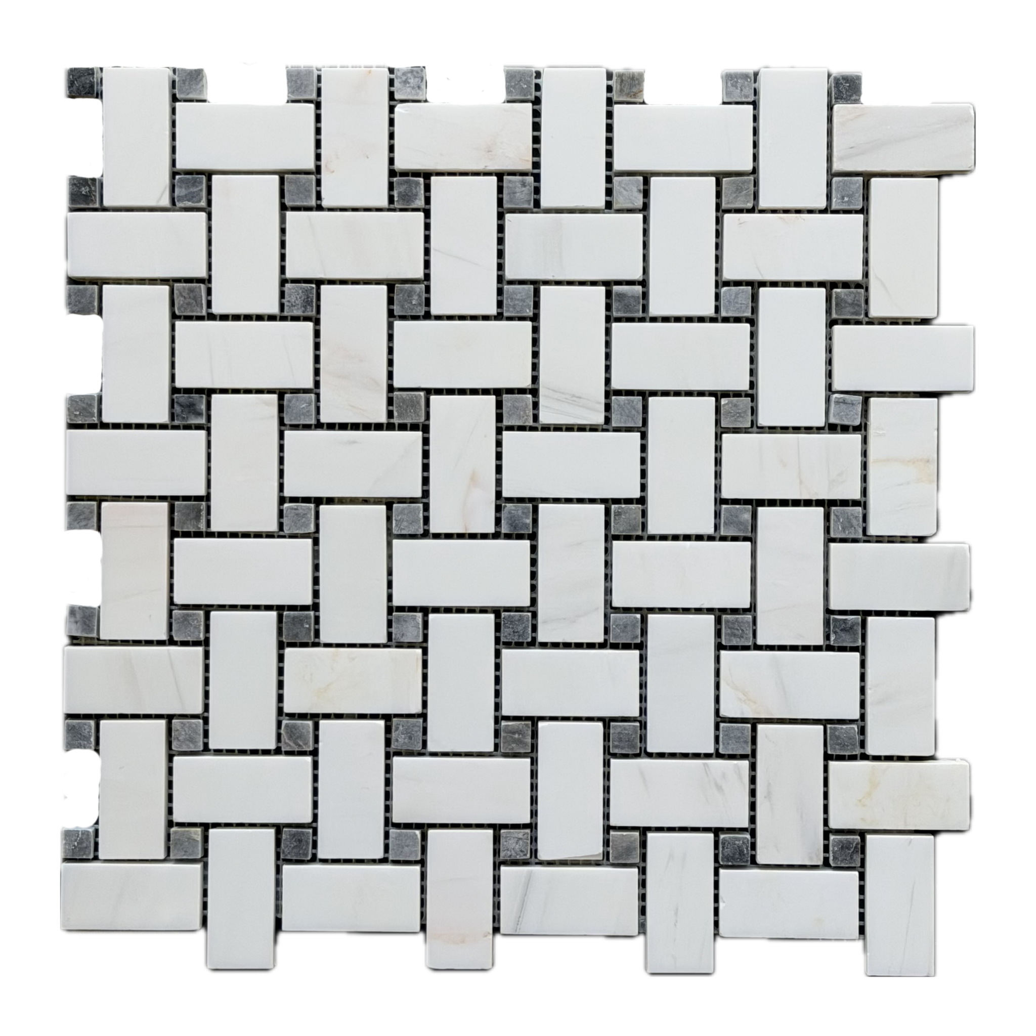 Polished dolomite and platinum grey marble basket-weave mosaic tile with grey accent dots