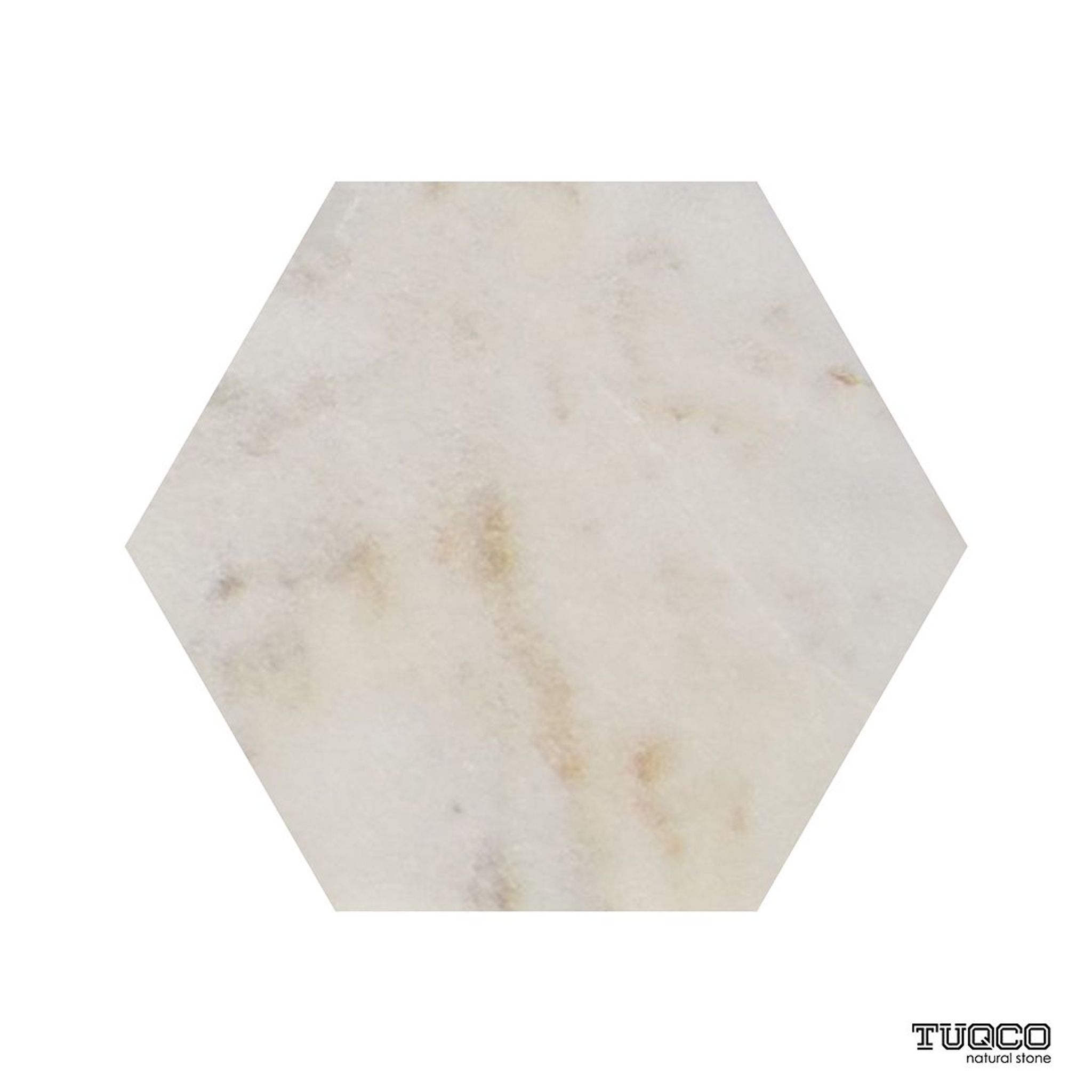 Honed Calacatta Sugar marble hexagon tile, creamy white with gold and amber veining