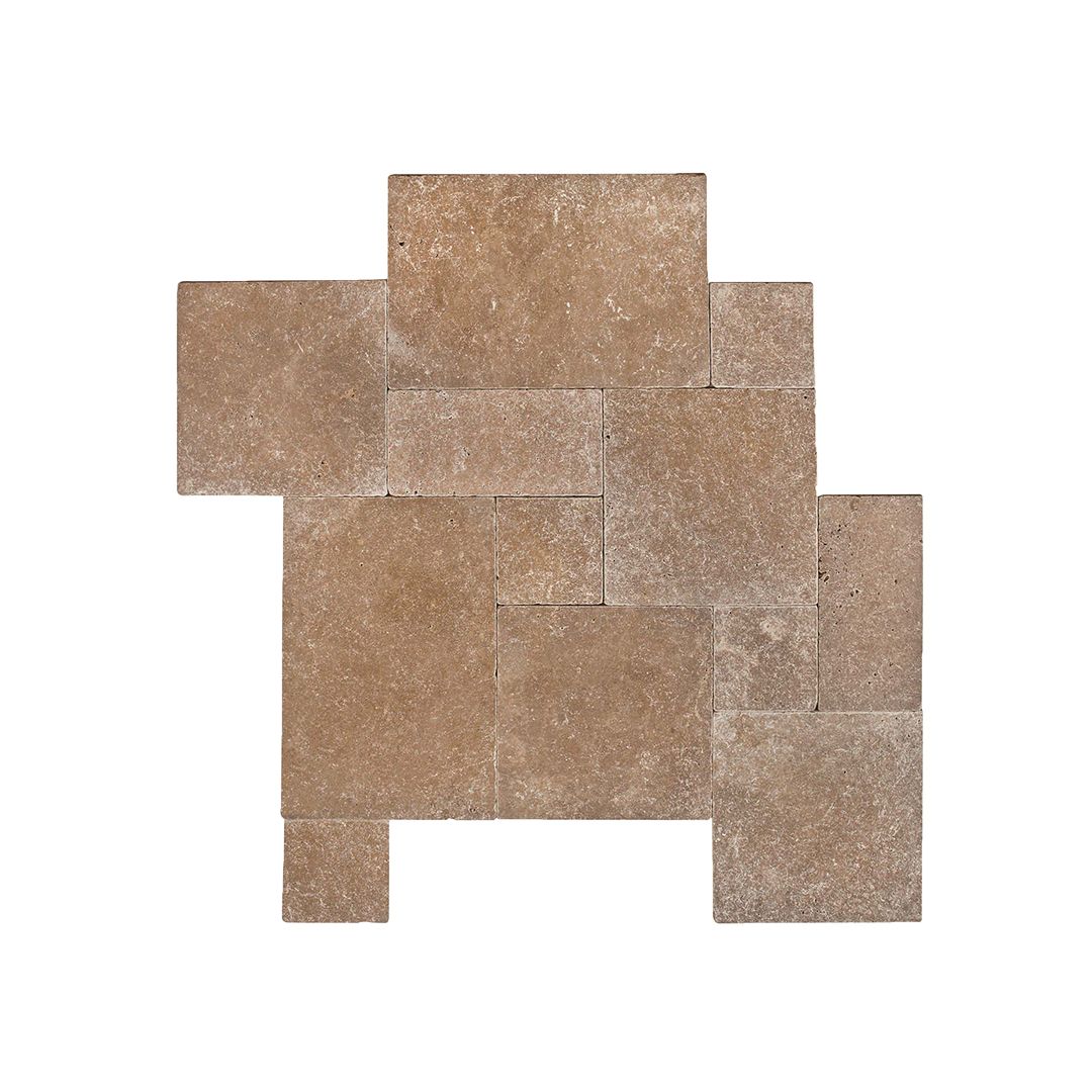 Travertine Noche Versailles pattern paving set in cocoa, mocha and chestnut