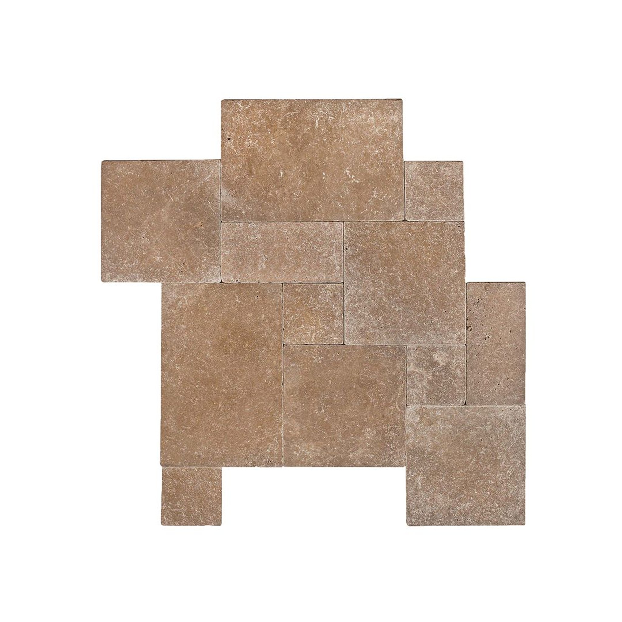 Travertine Noche Versailles pattern paving set in cocoa, mocha and chestnut