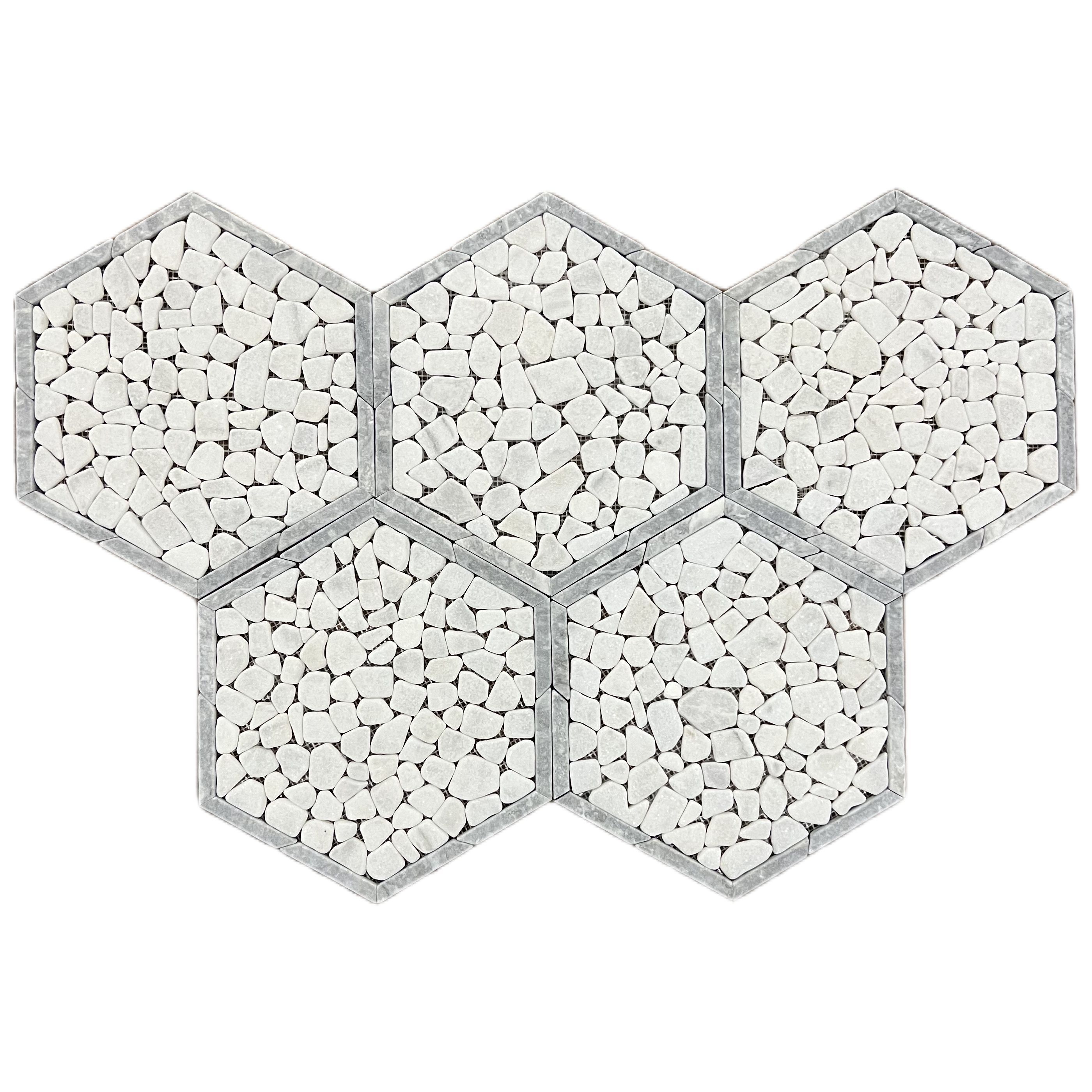 Tumbled Carrara white and grey marble framed pebble hexagon mosaic tile with grey borders