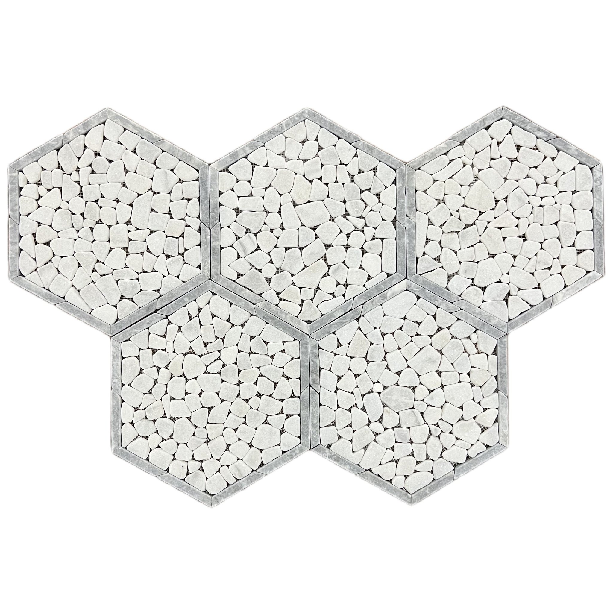 Tumbled Carrara white and grey marble framed pebble hexagon mosaic tile with grey borders