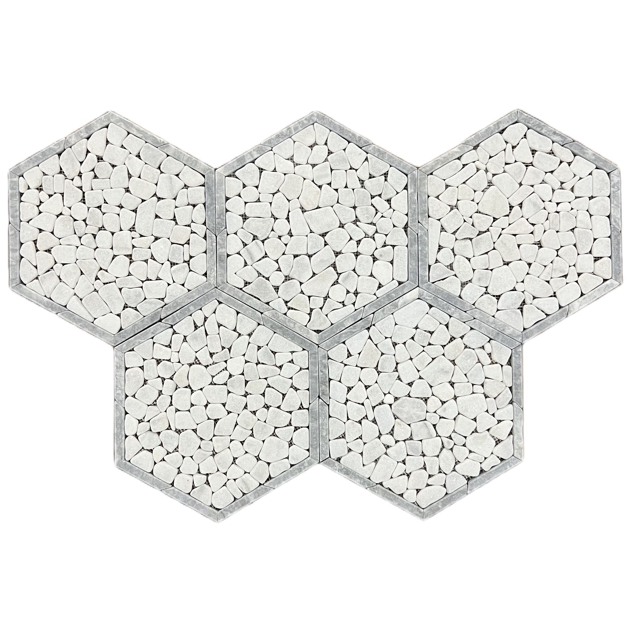 Tumbled Carrara white and grey marble framed pebble hexagon mosaic tile with grey borders