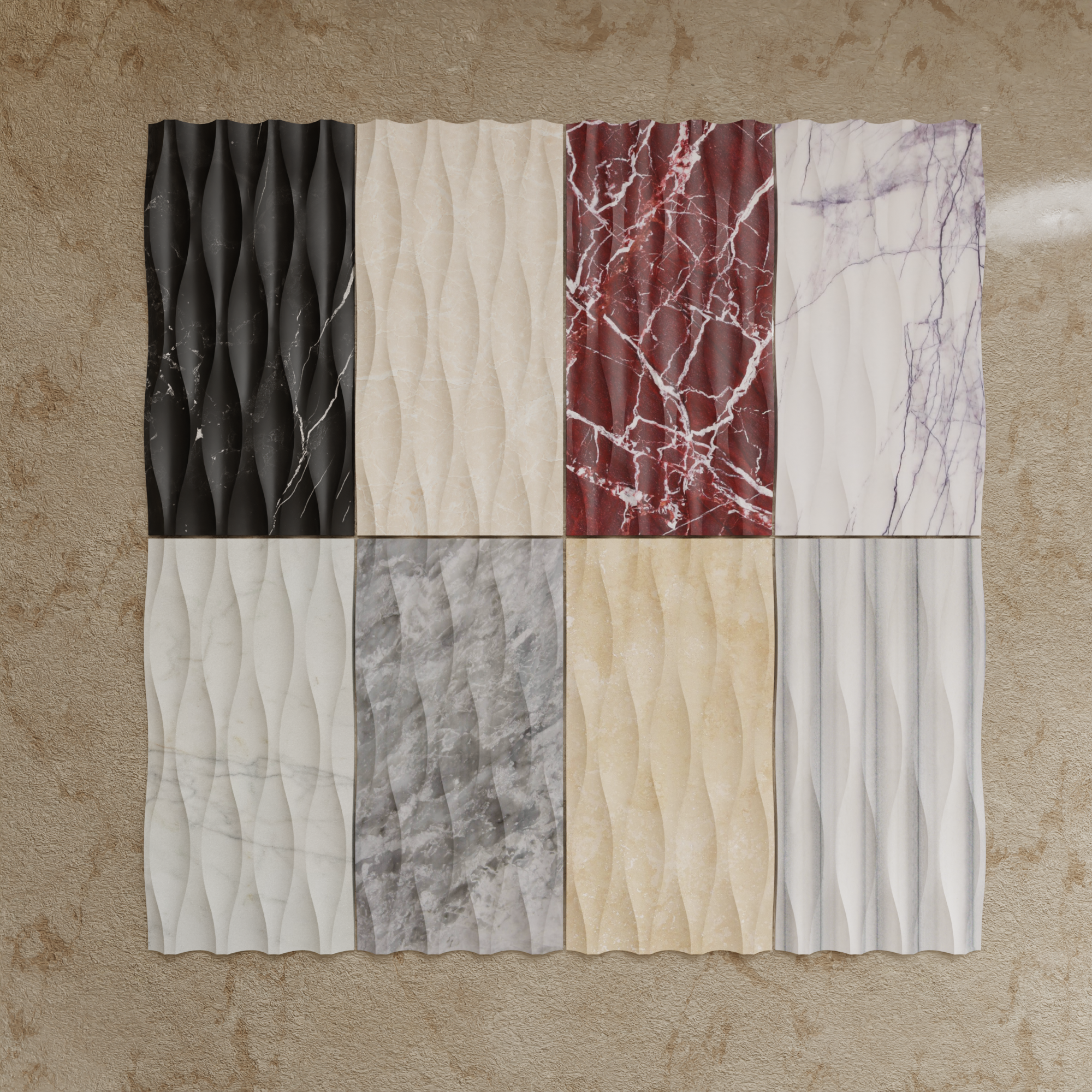 Travertine wave decor tile with sculptural 3D relief in sandy beige, biscuit and ivory thumbnail 3