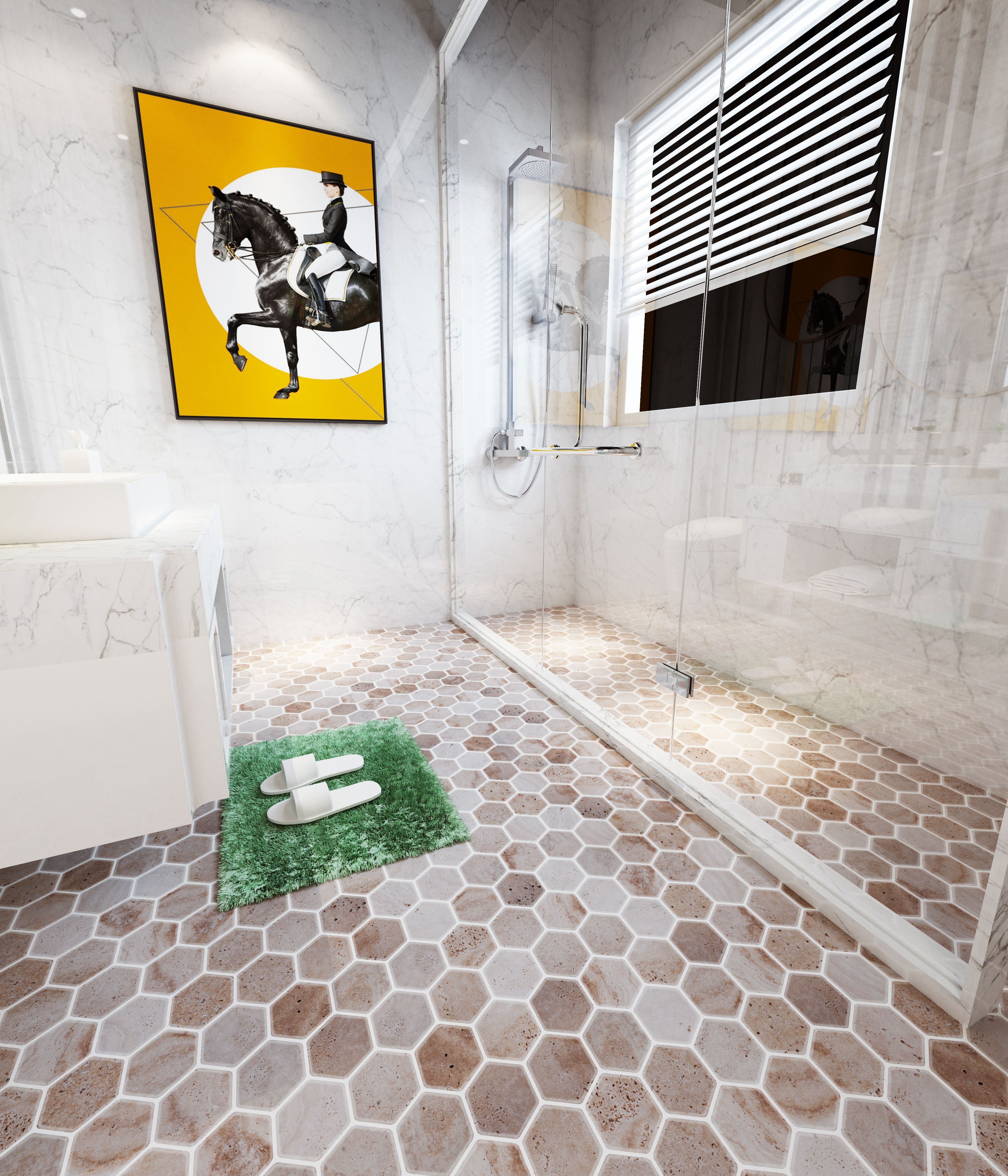 Tumbled Valencia travertine hexagon mosaic tile in caramel, biscuit and sandy beige thumbnail 3