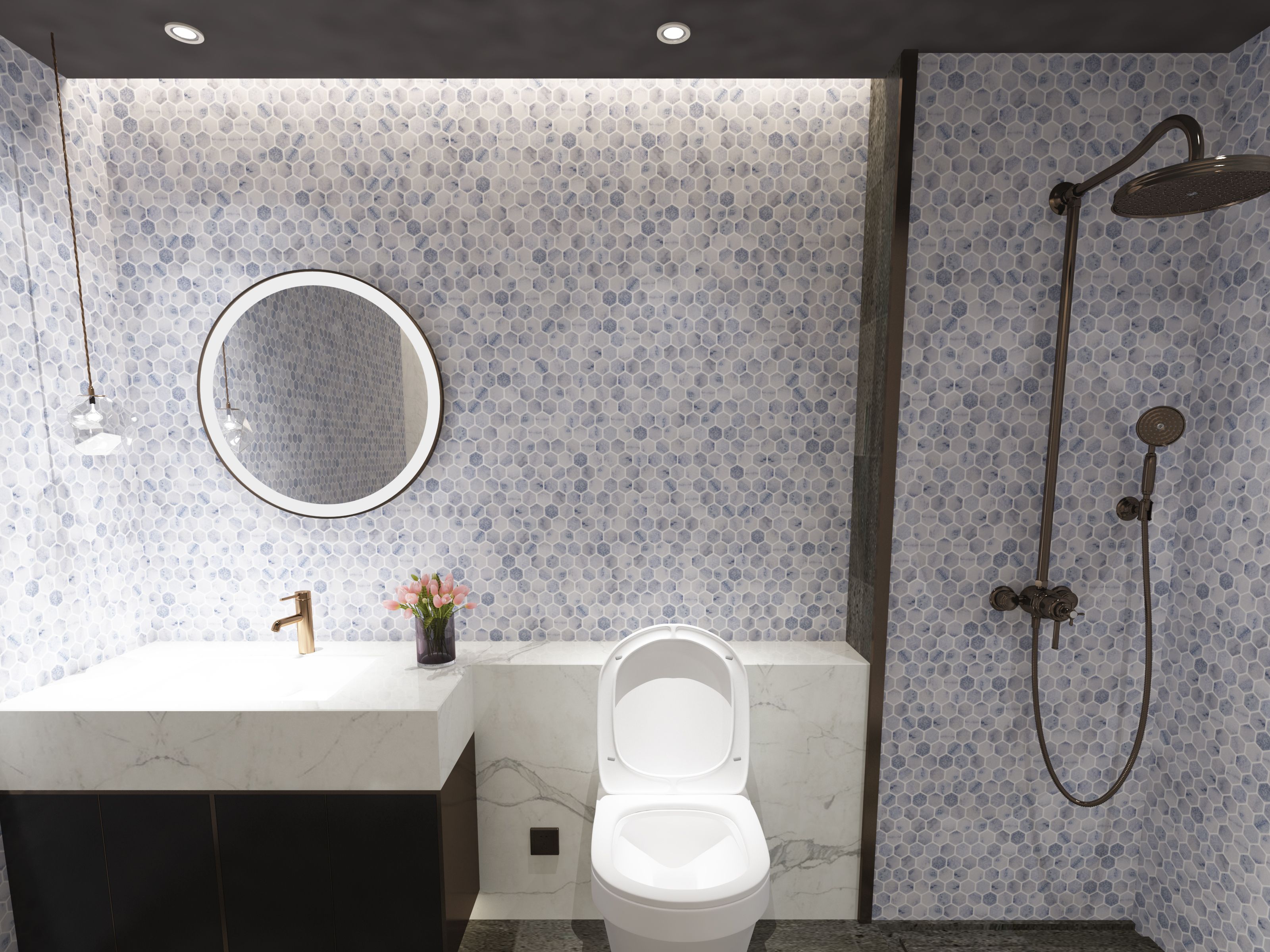 Tumbled Carrara White marble one-inch hexagon mosaic tile with cloudy grey veining thumbnail 5