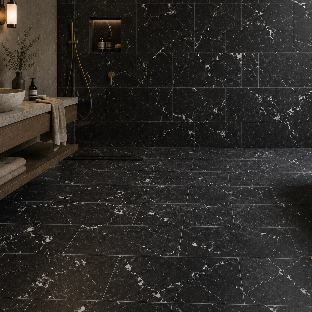 Honed Nero Marquina Select black marble tile, obsidian with white calcite veining